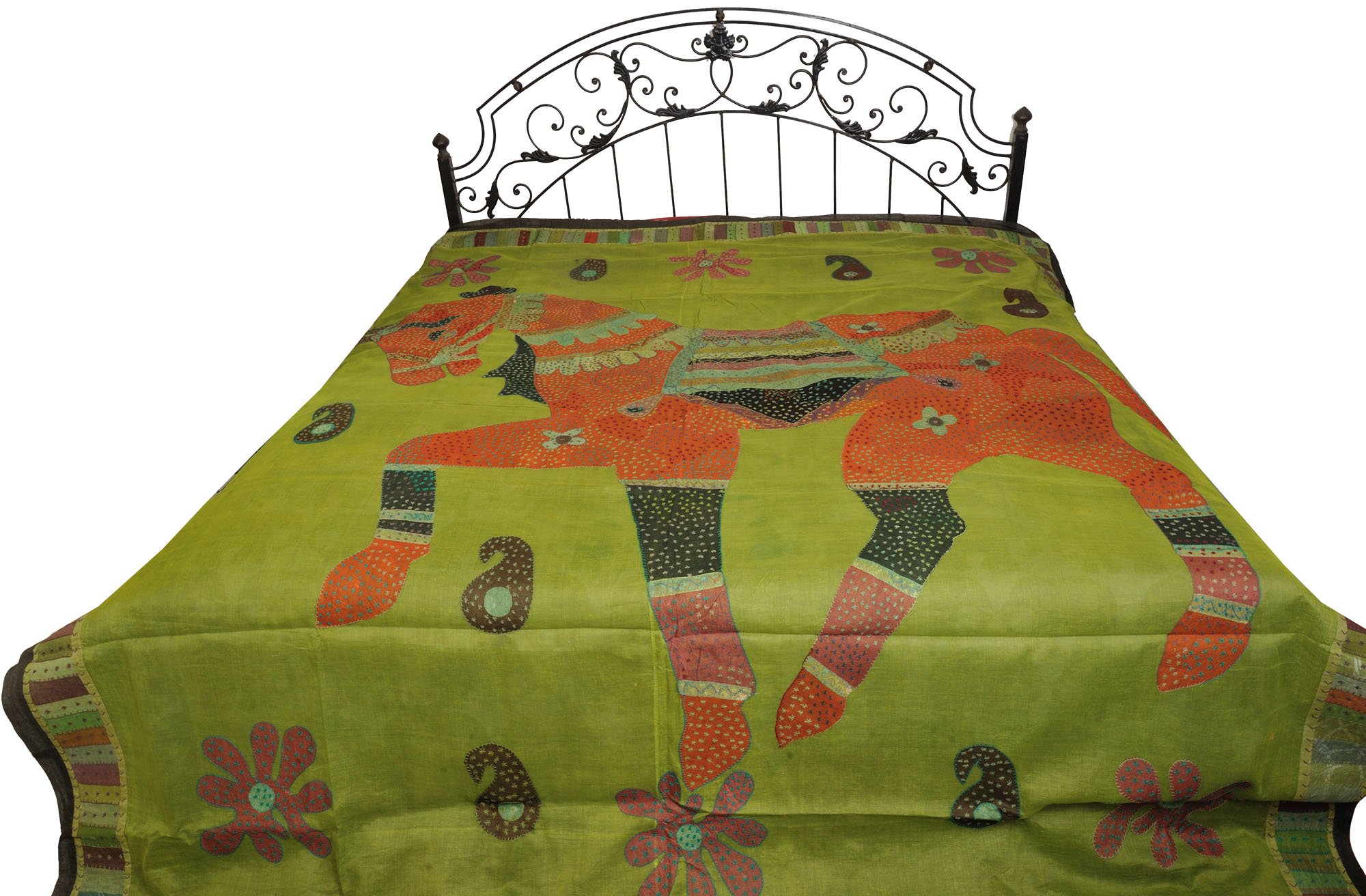 Exotic India Bedspread from Jodhpur with Applique Horse and Kantha Hand-Embroidery - Pure Cotton - Color Woodbine Green Color-image-29