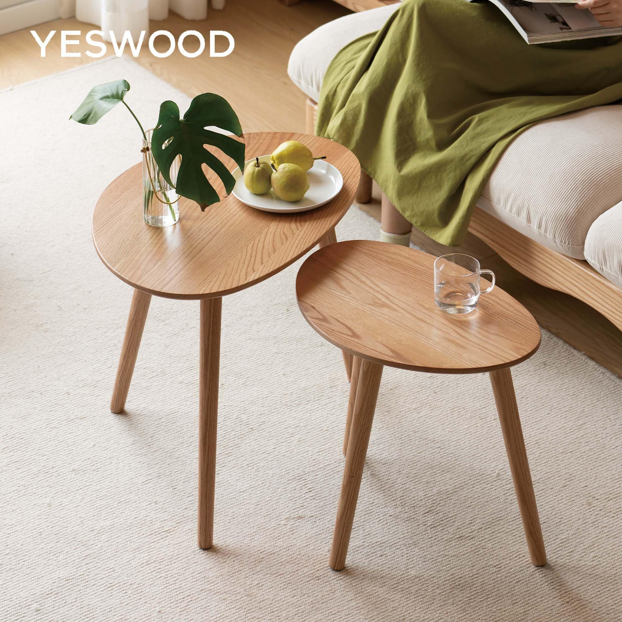 YESWOOD Lot de 2 Tables Gigognes Ovales Chêne Massif, Chêne Naturel | Design Galets, Table Basse, Table d'Appoint, Pour Salon, Balcon