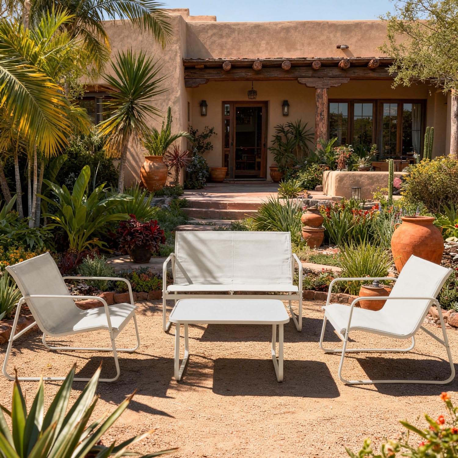 Happy Garden Salon de Jardin en textilène 4 Places Tenerife Beige – Canapé et fauteuils avec Table Basse – Structure Acier