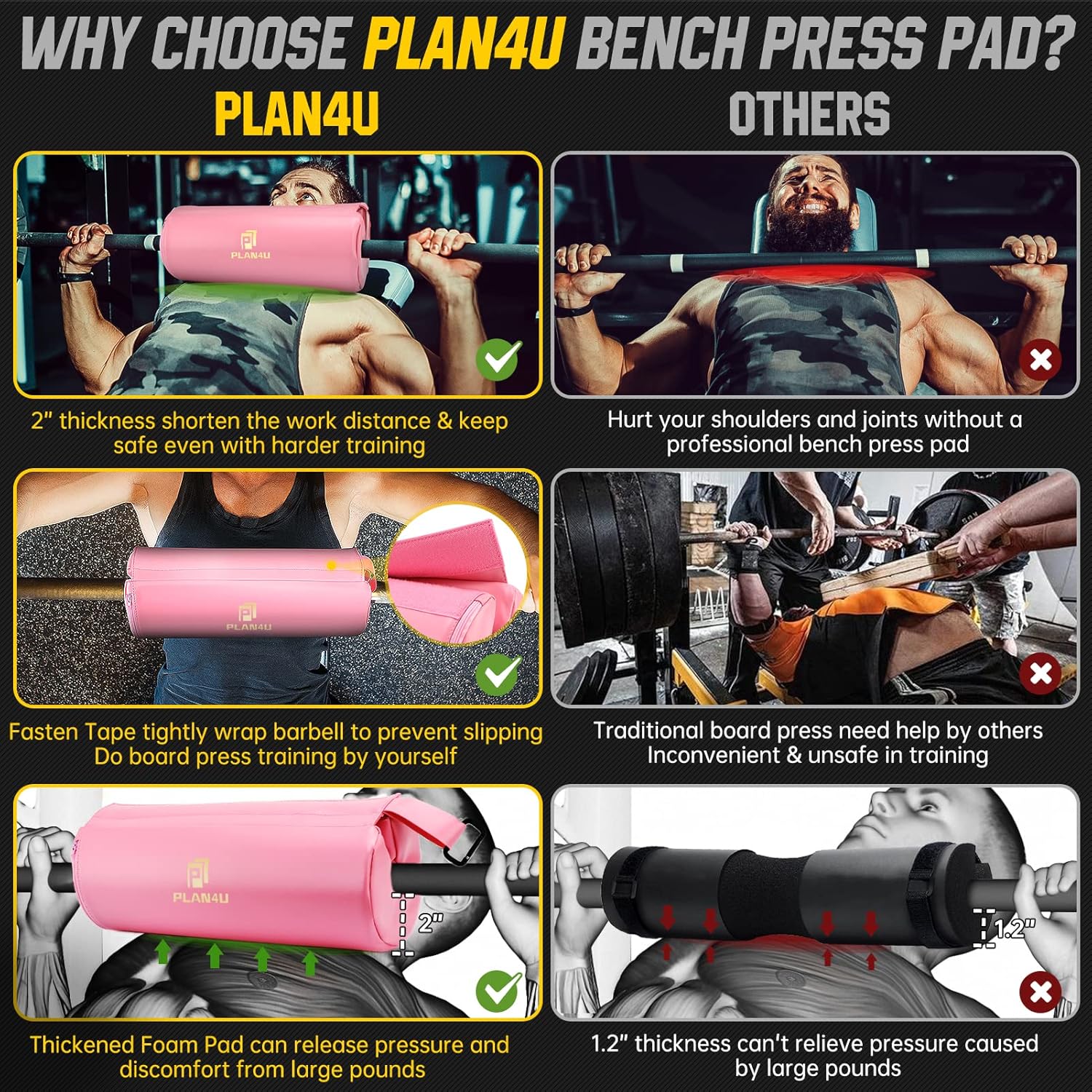 Plan4U Barbell Pad for Bench Press Hip Thrust Weightlifting, Upgraded Board Press with 2 inches Non-Slip Thickness Leather Foam Pad Fits Standard Olympic Bars for Powerlifting Bench Workout