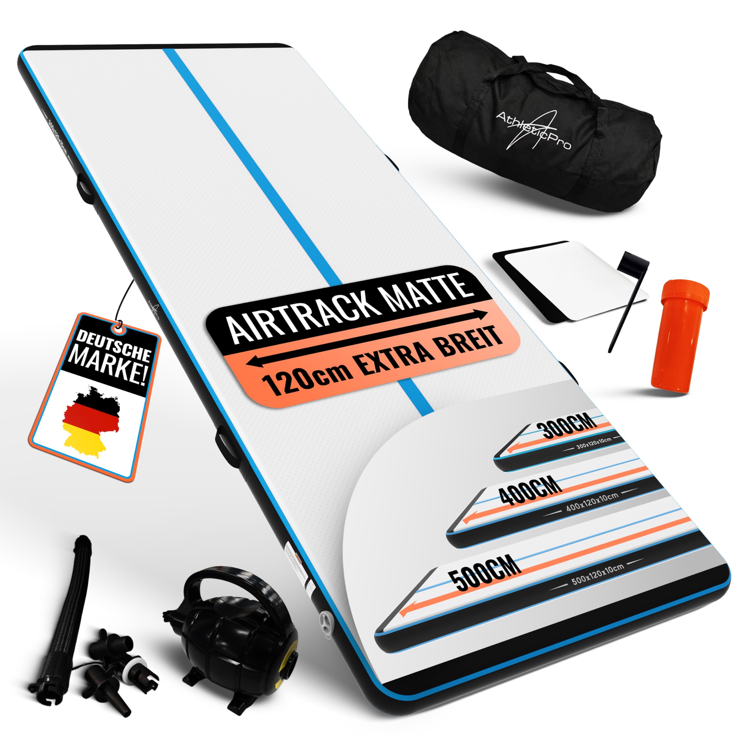 AthleticPro Airtrack Tapis de gymnastique gonflable pour gymnastique au sol et acrobatie avec pompe électrique, kit de réparation et sac de hauteur, pour