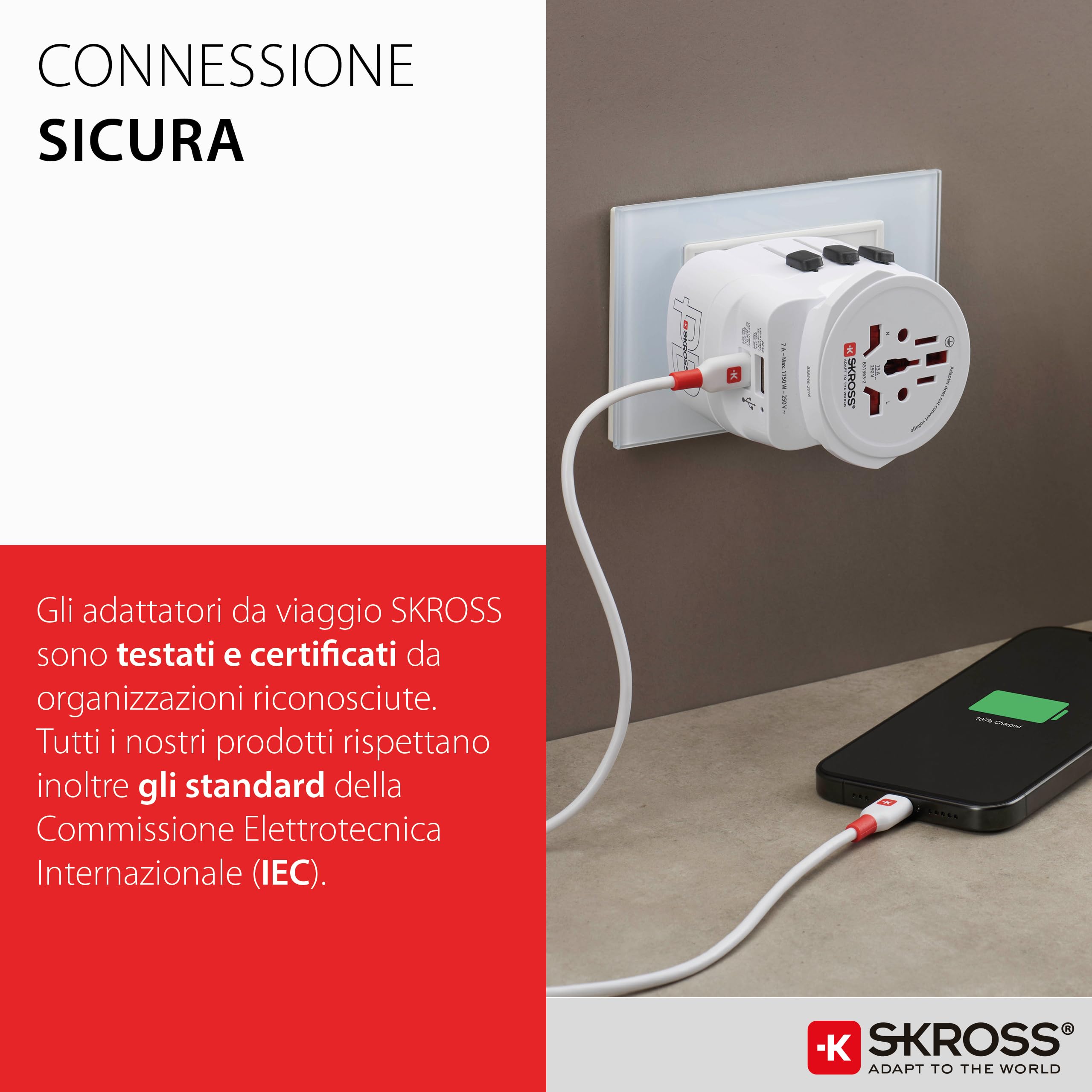 SKROSS - PRO Light USB AC45PD - Adattatore Universale da Viaggio da e per il Mondo con 2 Prese USB - Fast Charge da 45W - Tensione e Potenza : 100 V AC – 700 W / 250 V – 1750 W
