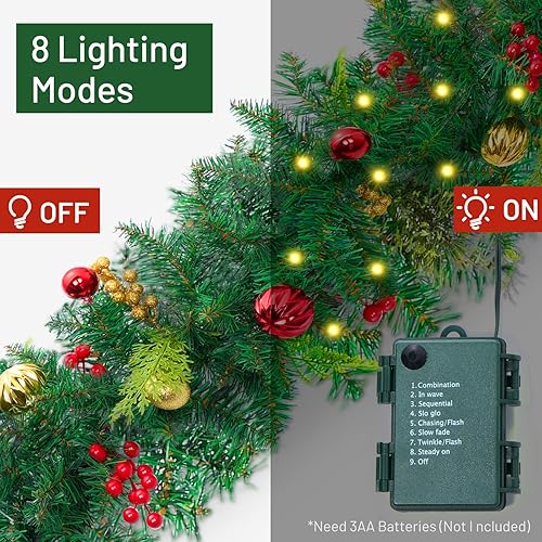 Miniatura 4 de Guirnalda de Navidad de 6 pies con luces, guirnalda iluminada a pilas con conos de pino, ramas exuberantes de bayas rojas, 50 luces LED, 8 modos,