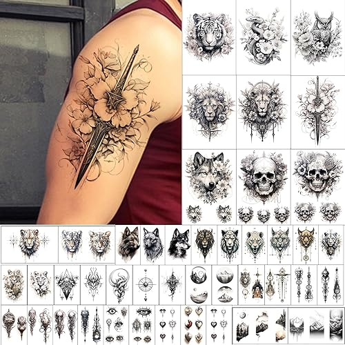 GLARYYEARS Tatuaje temporal para hombres adultos, paquete de 44 tatuajes realistas de tamaño grande y pequeño, calcomanías de tatuaje falso de larga