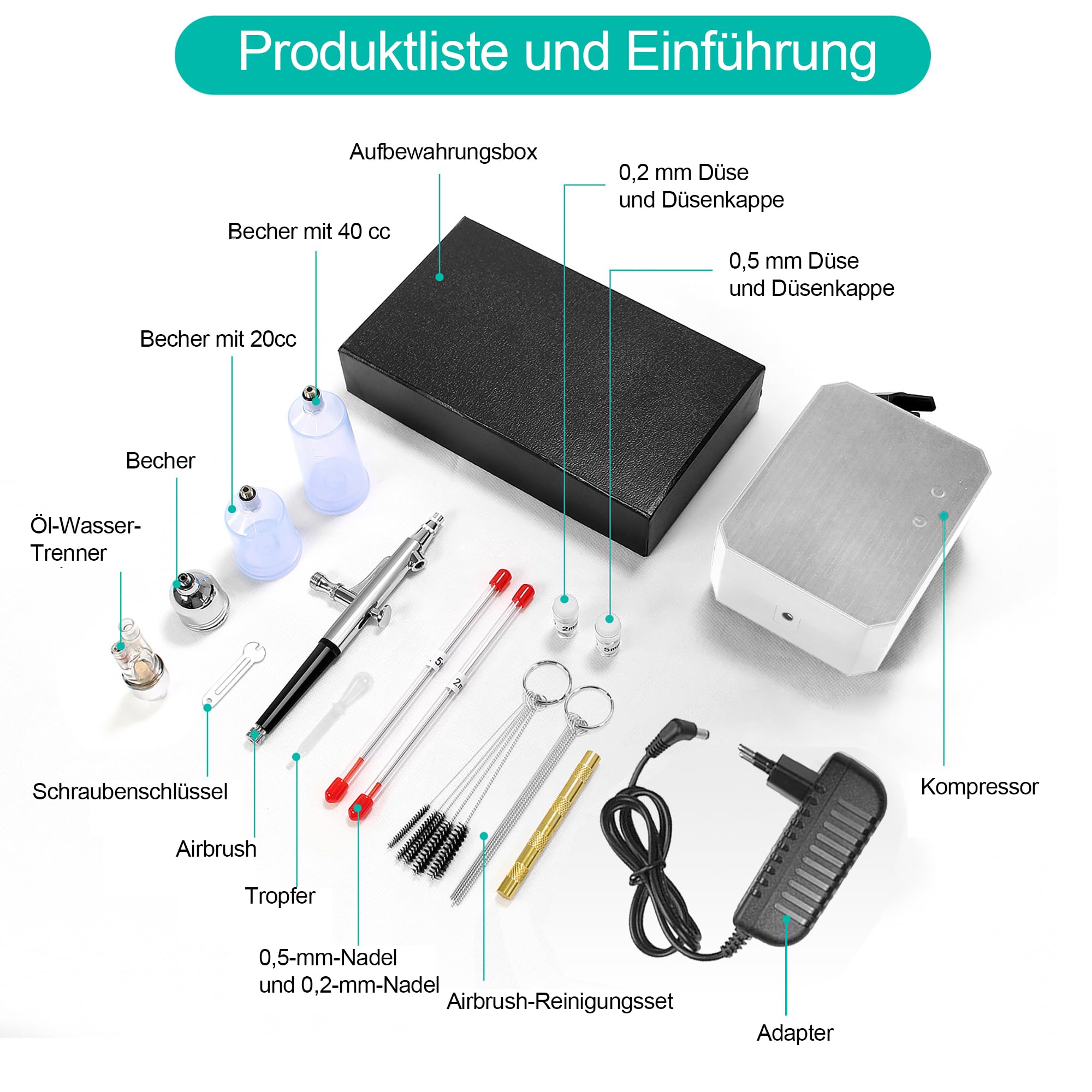 40PSI Airbrush Set Kompressor Dual Action 3 Modi 0,3/0,3/0,5mm Düse 9CC Tasse Airbrush Pistole für Makeup, Kunsthandwerk, Nageldesign, Tattoo-Modellierung, Malerei,Silber
