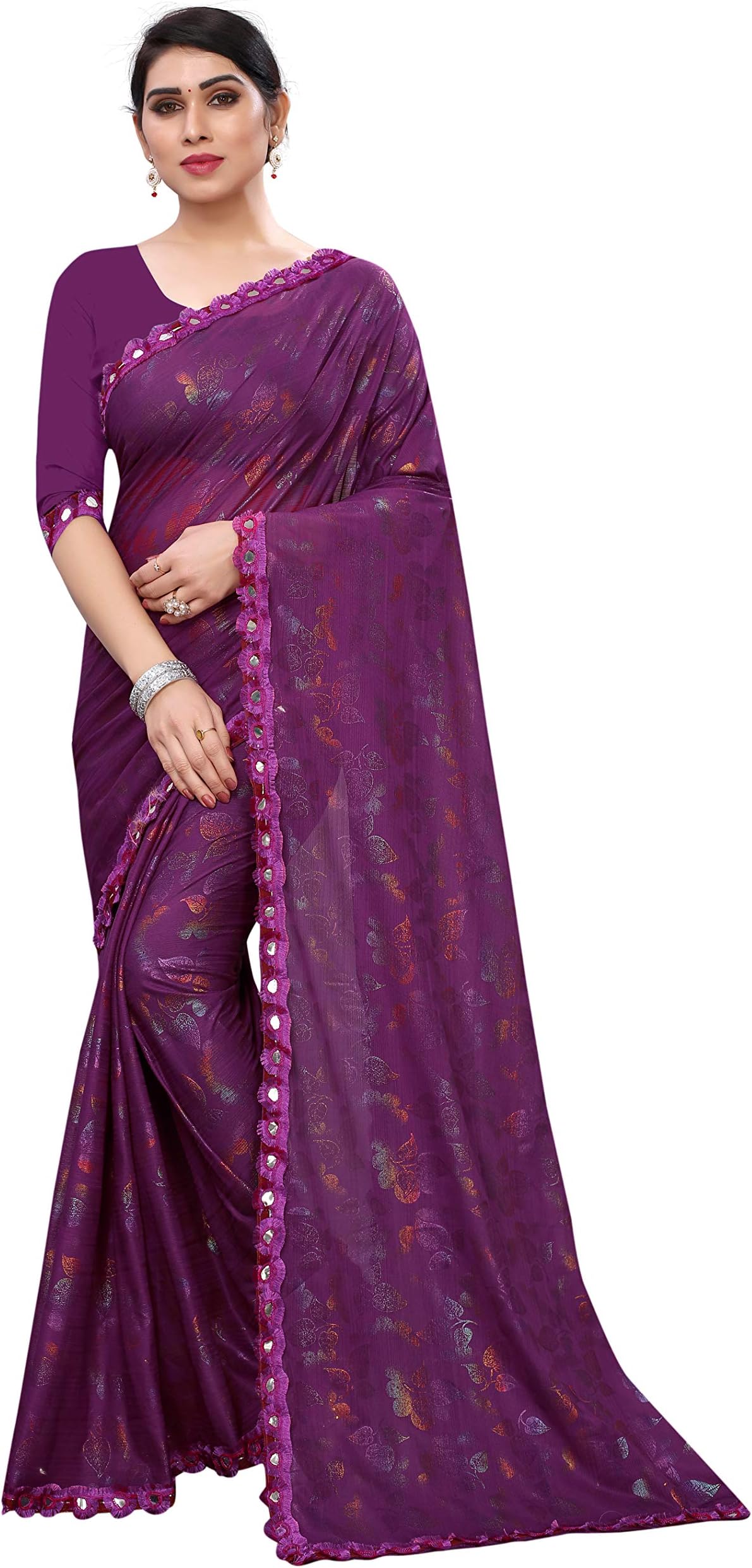 MANSVI FASHIONwomen's lycra saree with blouse piece, purple