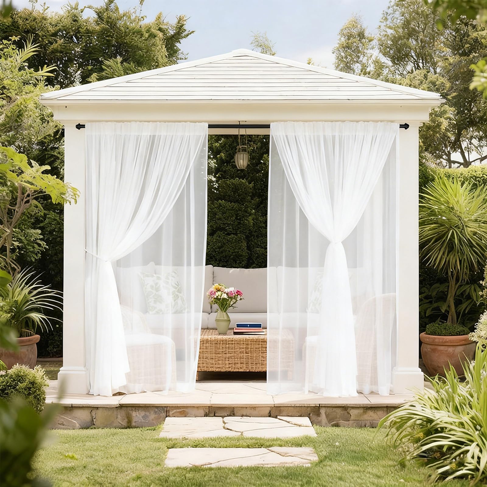 Lapalife Outdoor Privacy Curtain 52 x 96 L - Single Panel Dual-Layer Waterproof Blackout & Mosquito Netting Sheer, All-Weather Gazebo Drape with Rod Pocket & 1 Tieback for Patio/Porch/Garden