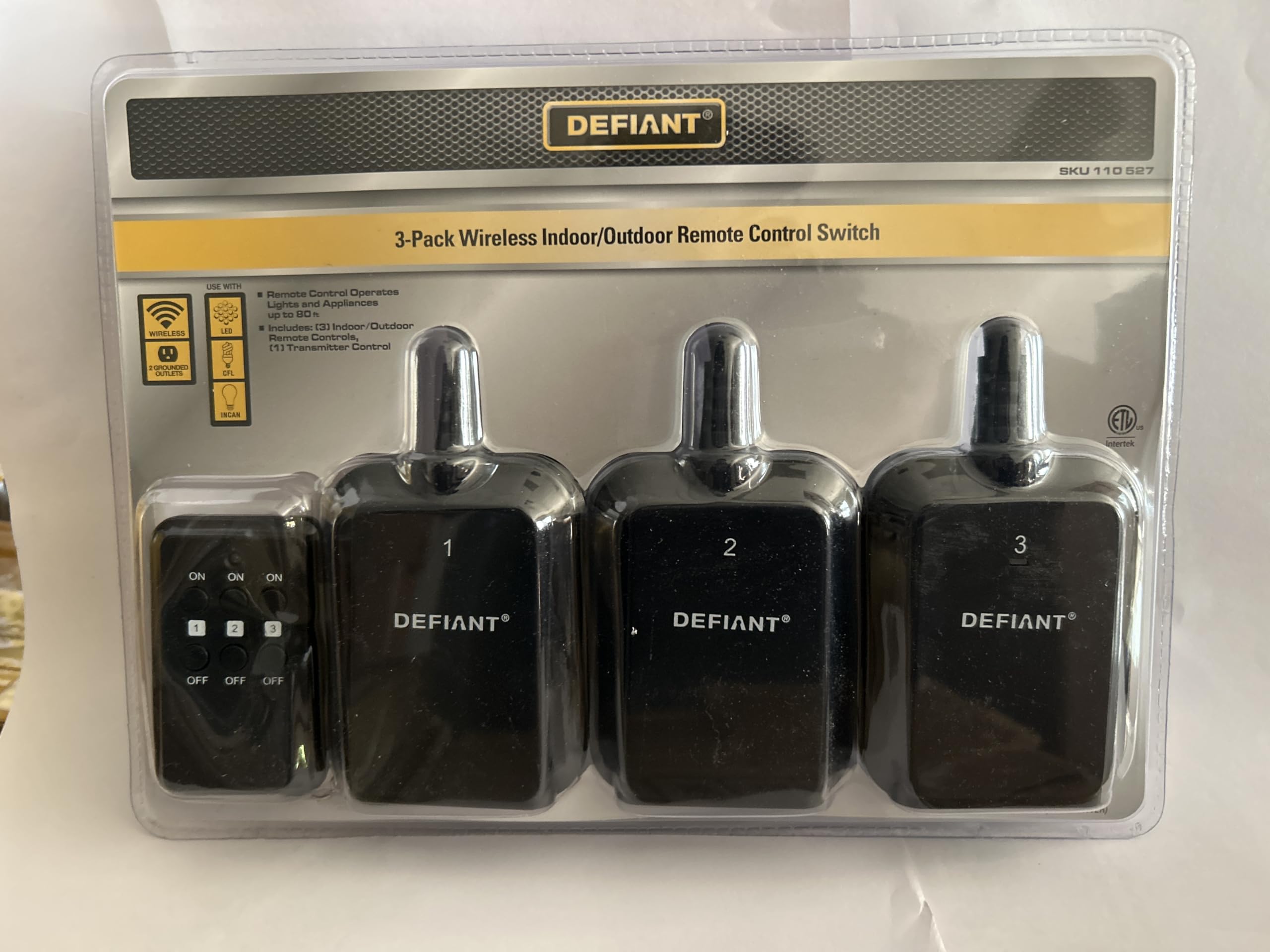 Wireless Remote Control Switch, Indoor/Outdoor, 3-Pack with Transmitter, Black