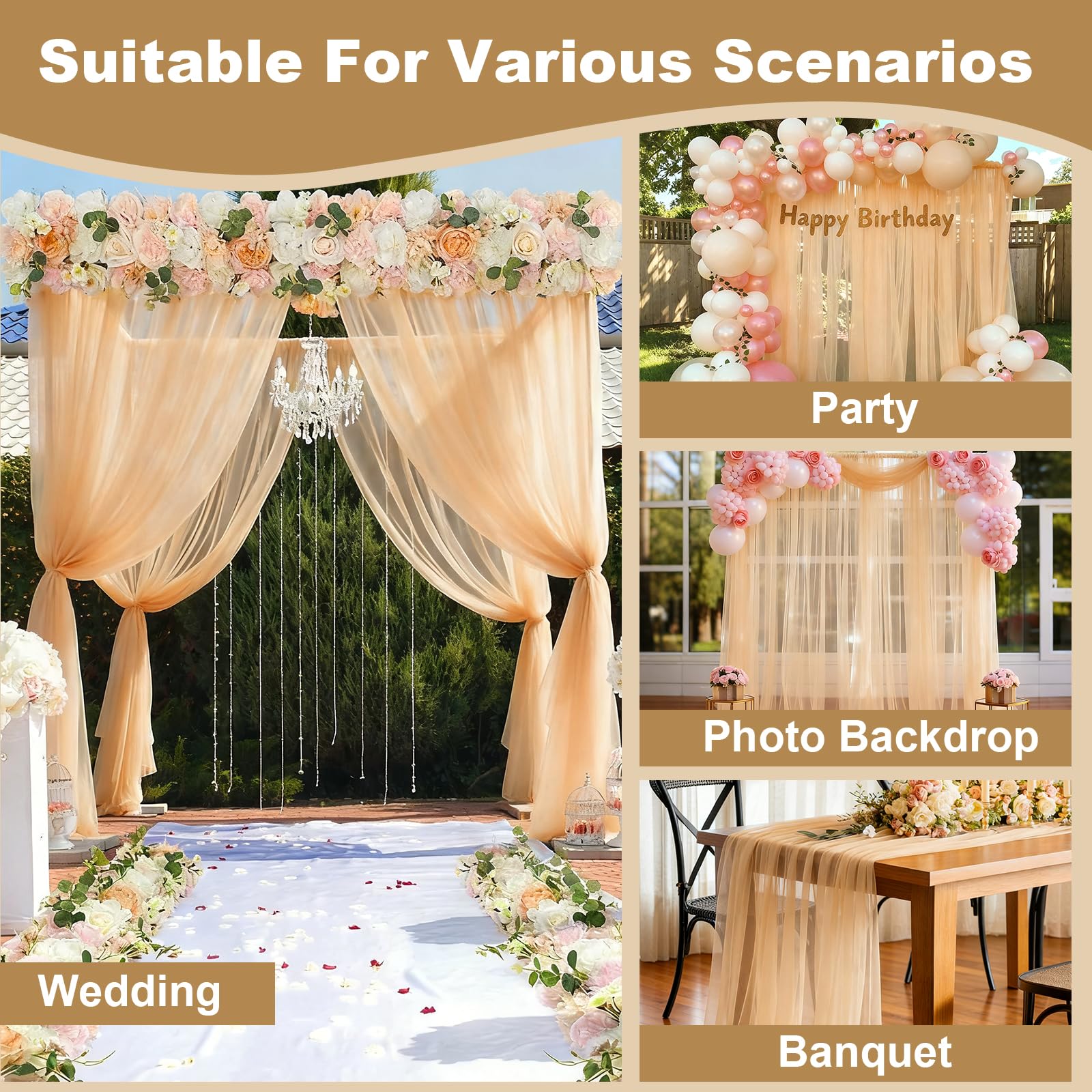 Lot de 4 rideaux de plafond en tulle, 1,5 x 6,1 m, pour arche de mariage, cérémonie et décoration de fête, rideaux en voile transparent infroissable (champagne)