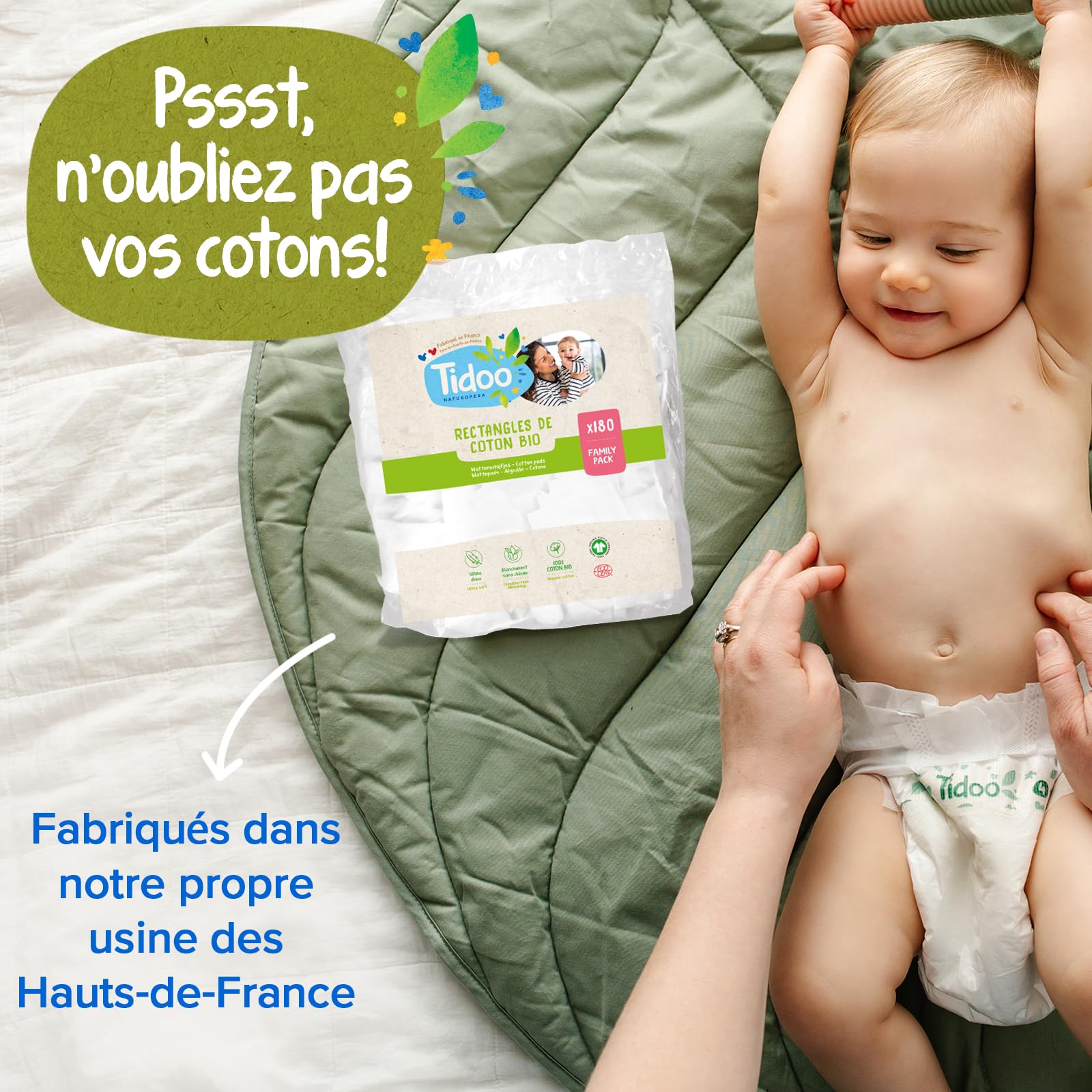 TIDOO - Couches écologique Taille 5 (12-25kg) - Origine Naturelle, sans substances nocives - 12h au sec, ultra absorbantes - Fabriquées en France - 120 Couches Jetables - Pack 1 Mois