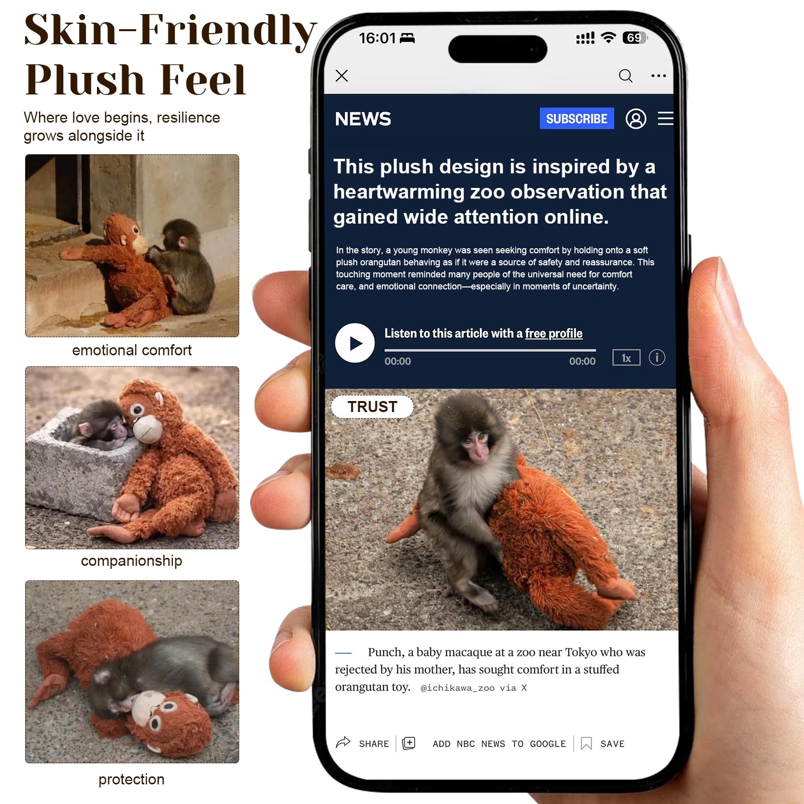 66 cm Punch Affe Plüsch-Affe Stofftier, weicher Orang-Utan-Plüsch mit Klettverschluss Händen und Füßen, umarmbare emotionale Unterstützung, Komfort, Begleiter, Plüschtier, Geschenk für Kinder