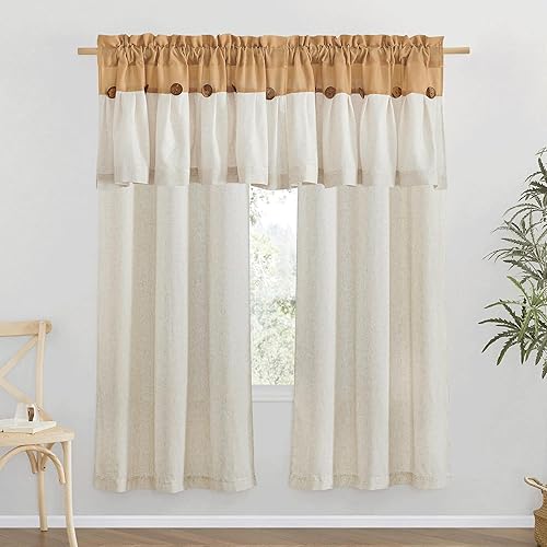 NICETOWN 2 paneles de 42 x 72 pulgadas de largo, cortinas de lino grueso con ojales y 2 paneles de 42 x 18 pulgadas de largo, cenefas cortas con