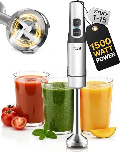 LEBENLANG 1500W Stabmixer Edelstahl - Inkl. 800ml Messbecher & Spritzschutz