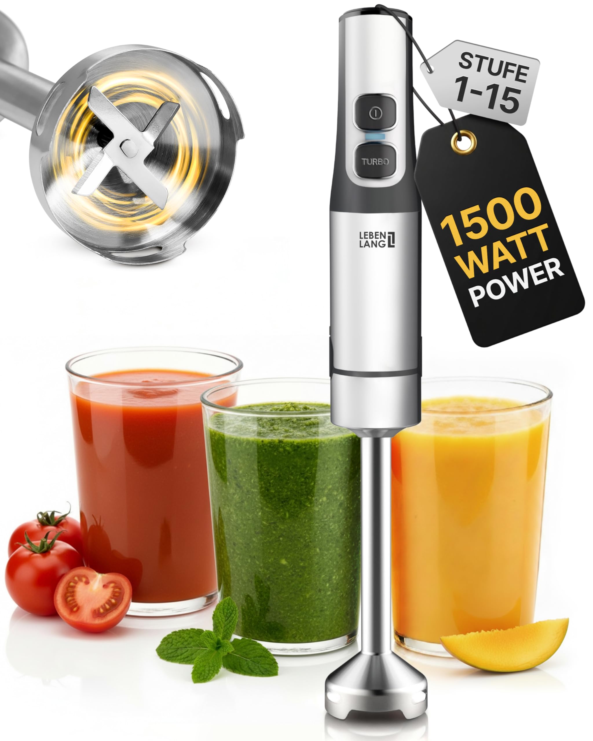 LEBENLANG 1500W Stabmixer Edelstahl - Inkl. 800ml Messbecher & Spritzschutz I Stufenlos verstellbar & Turbo I Pürierstab Zauberstab Mixer Mixstab Elektrische Hand Blender Purierstabmixer Pürierstäbe