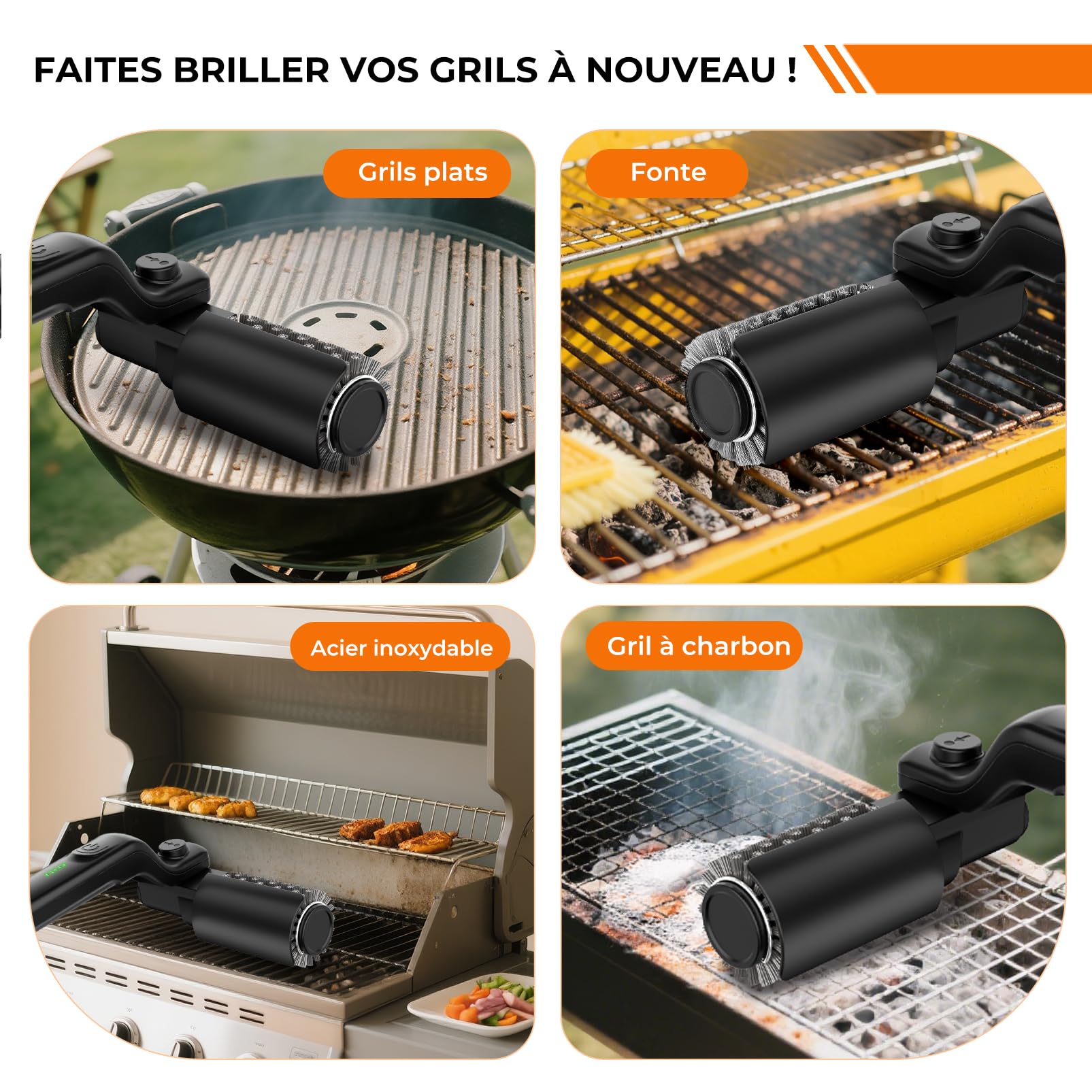 YKYI Brosse Barbecue Électrique sans Fil, Rechargeable, IPX7 | Têtes acier/tissu amovibles, angle 180° 7 positions, 90 min, protection 360°, pour barbecue extérieur et camping