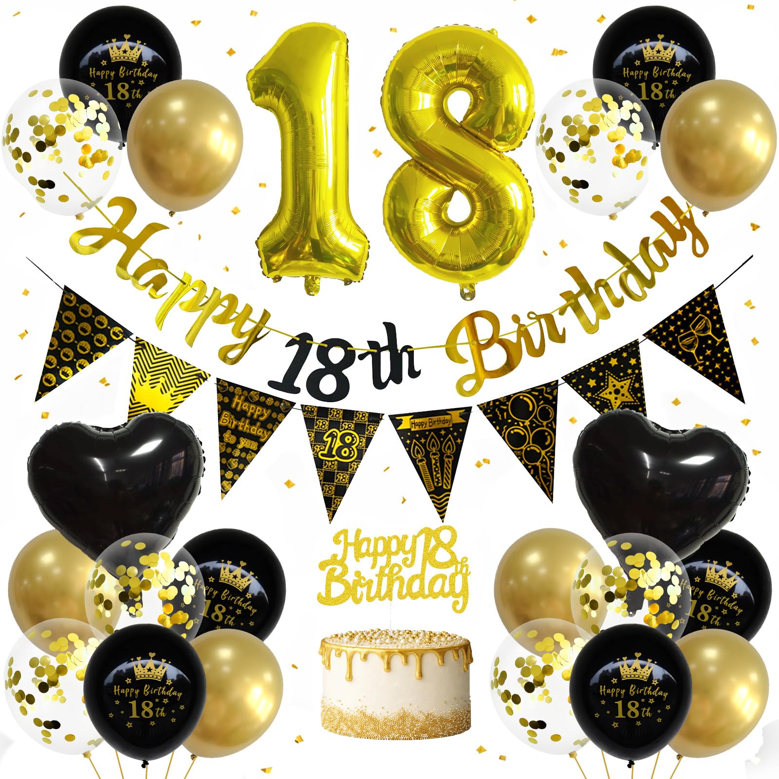 18th Black and Gold Birthday Decorations for Women & Men, Black Gold Party Supplies with 32 Inch Gold Number Balloon, Happy Birthday Banner, Heart & Confetti Balloons, Cake Topper & Triangle Bunting