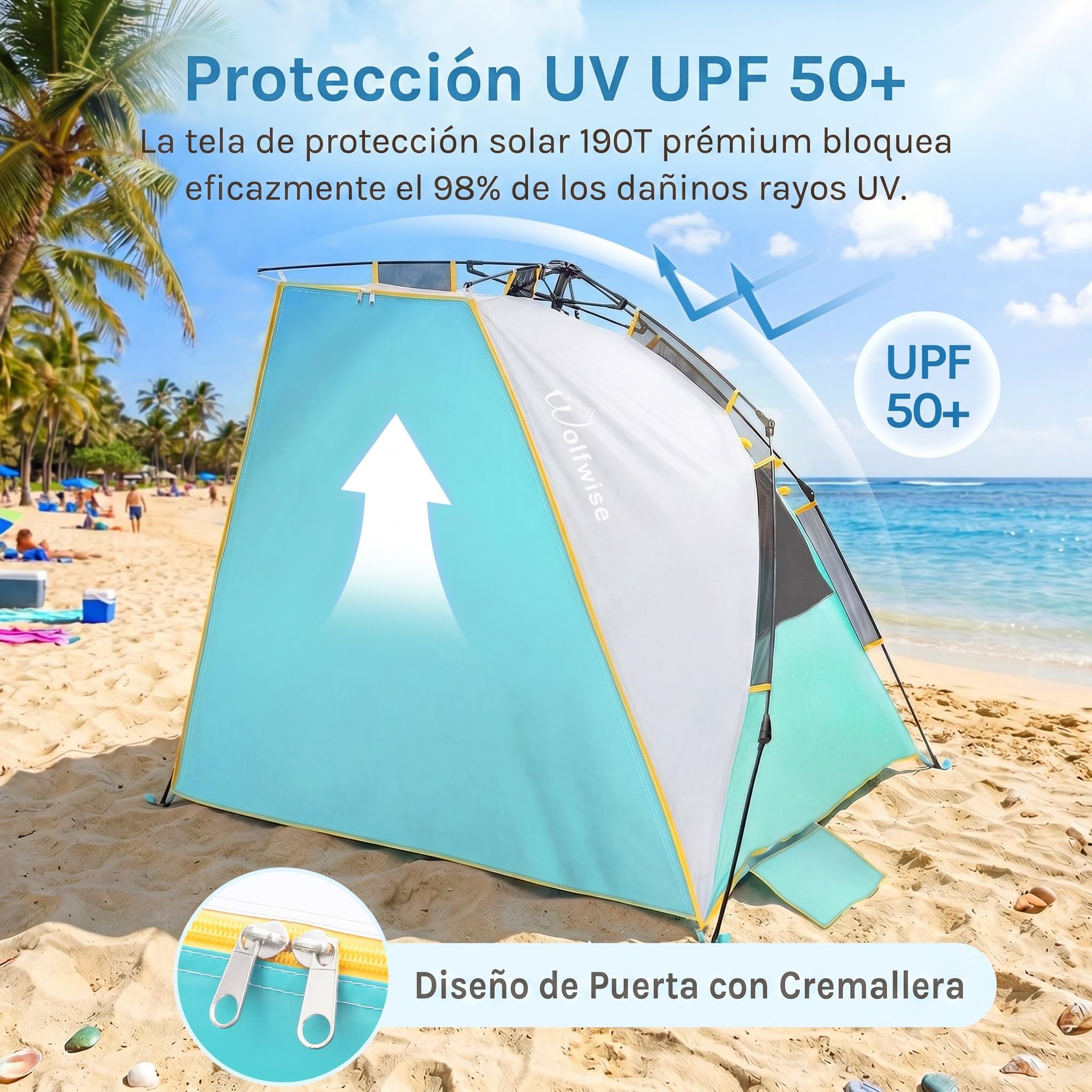 Wolfwise Tienda de Playa UPF 50+ para 3-4 Personas, Refugio Playa Portátil con Porche Extensible para Patio Trasero, Parque, Camping, Pesca, 215×115x125cm(85 x45x49 IN), Verde Menta