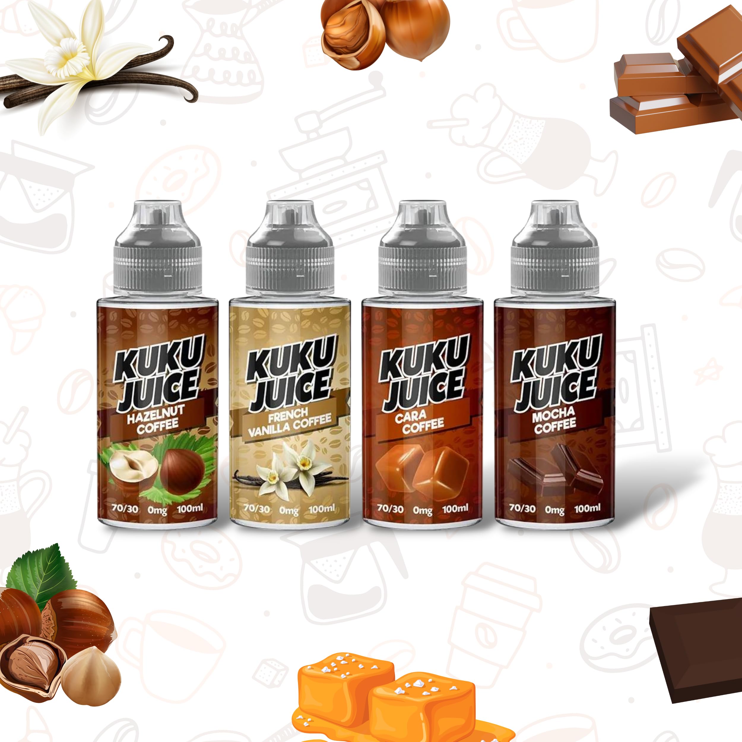 KUKU JUICE E liquid Hazelnut, French Vanilla, Mocha & Cara Coffee (crafted  with 70VG/30PG blend) 4 x 100ML Short Fills 'Nicotine Free': Amazon.co.uk:  Electronics & Photo