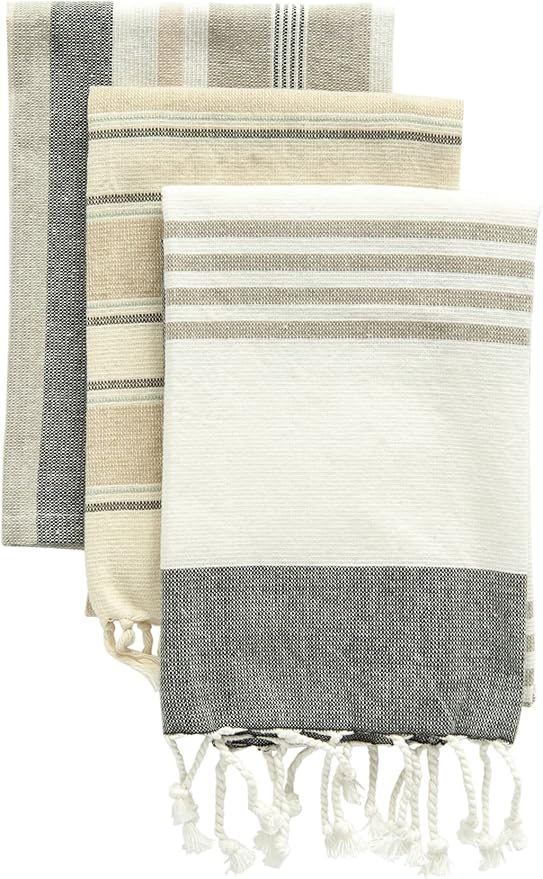 Creative CoOp Grey & Tan Striped Cotton Tea Towels with
