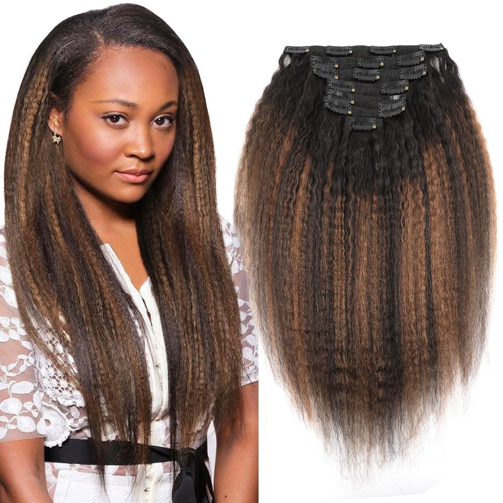 Sassina Remy Human Hair Kinky Straight Clip in Extensions 18 Inch Clip in Hair Extensions Real Human Hair Two Tone Natural Black to Light Auburn 7 Pcs