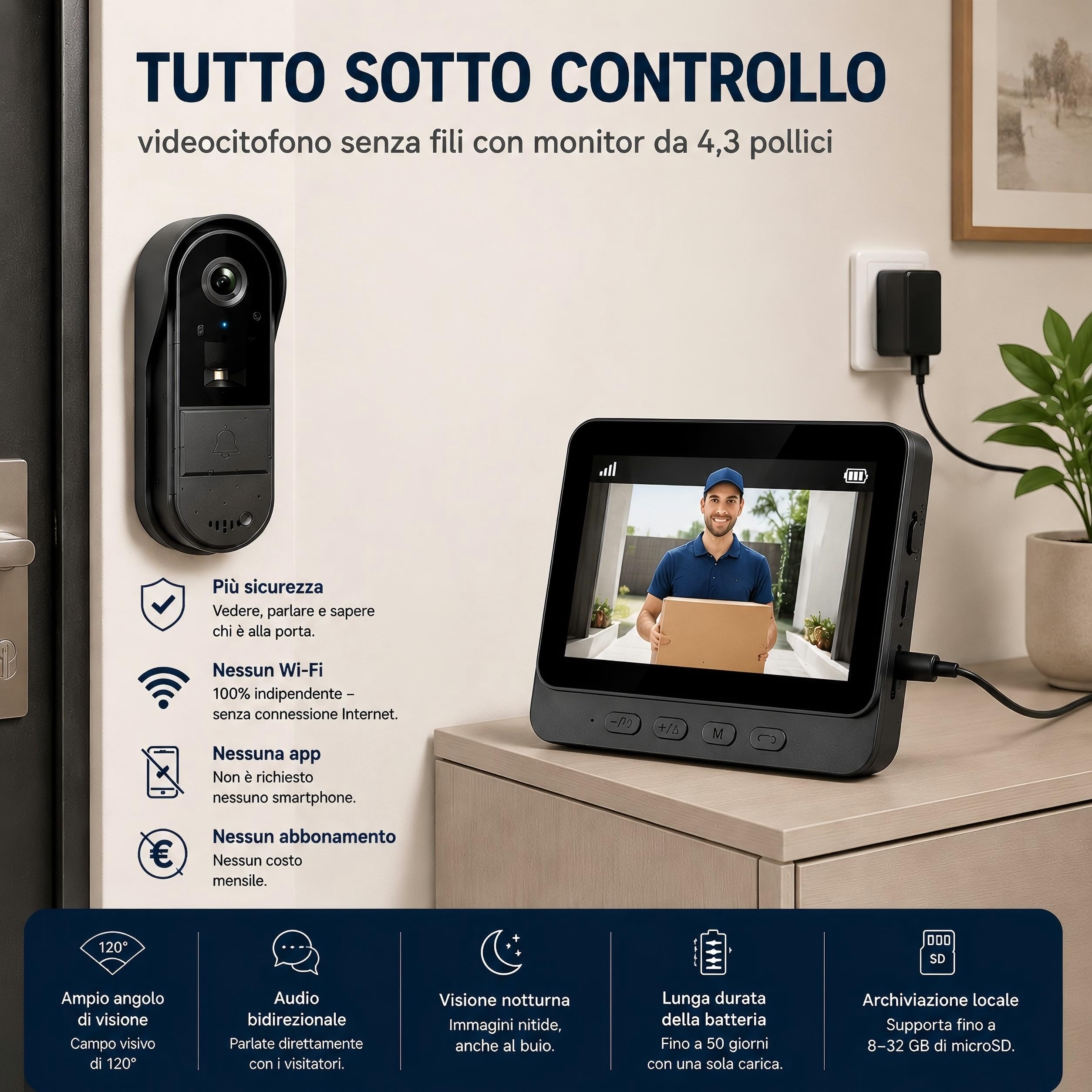 1080P Campanello Senza Fili da Esterno con Monitor IPS 4.3'', Bluetooth 2.4G, Telecamera HD 170° Grandangolare, Audio Bidirezionale Citofono Videocitofono Senza Fili da Esterno con IP67 Impermeabile