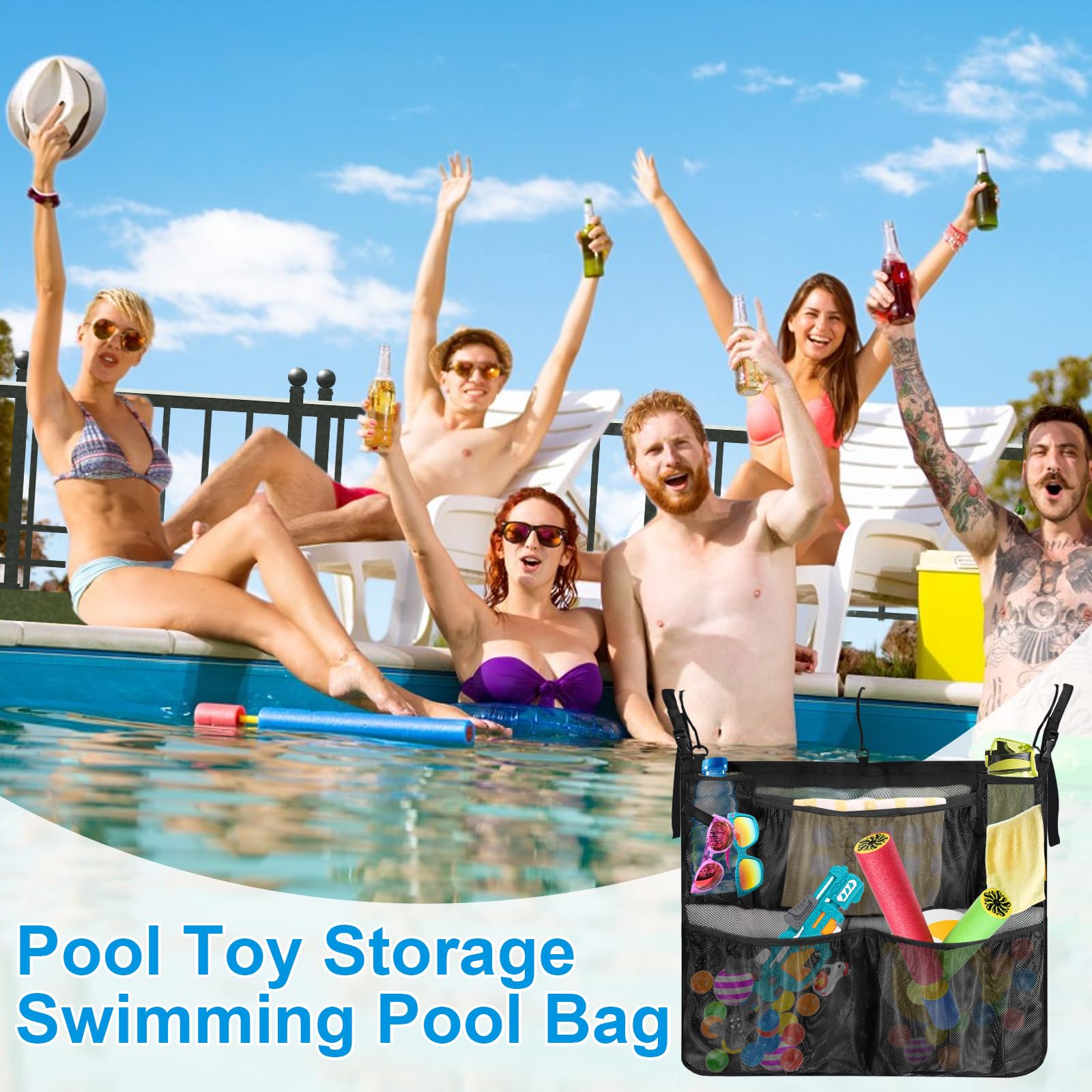 Cyiecw Pool Aufbewahrungstasche mit 3 Haken, Abnehmbar Pool Aufbewahrungskorb, Multifunktionaler Gartenpool Organizer Aufbewahrungsbox, Seitenkorb Pool Zubehör für Aufstellpool und Badezimmer