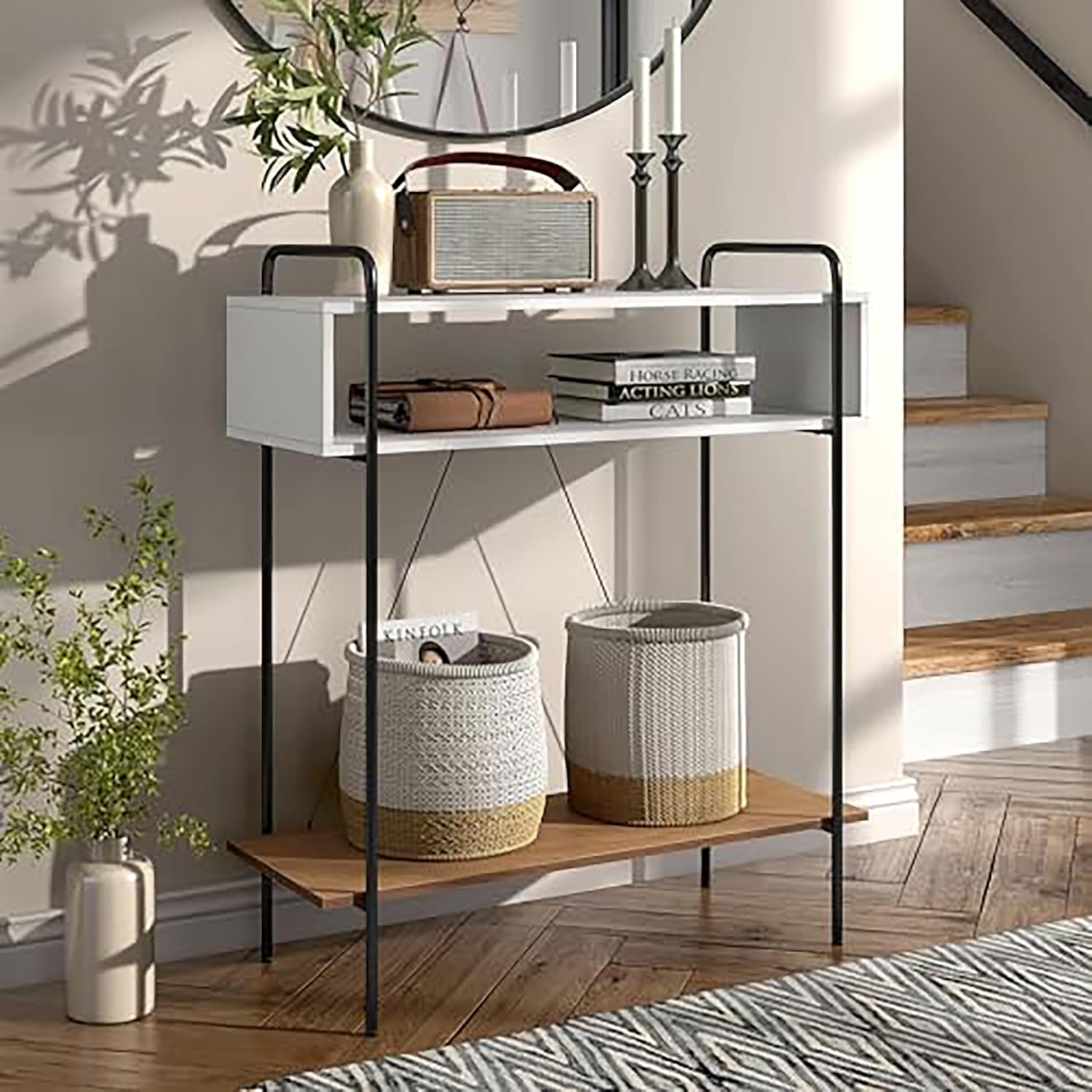 Furniture of America Alyia Modern 36 inch High Console Table with Storage Shelves and Metal Frame Legs for Living Room, Entryway, Hallway, Office, Corridor, Foyer, White & Distressed Oak