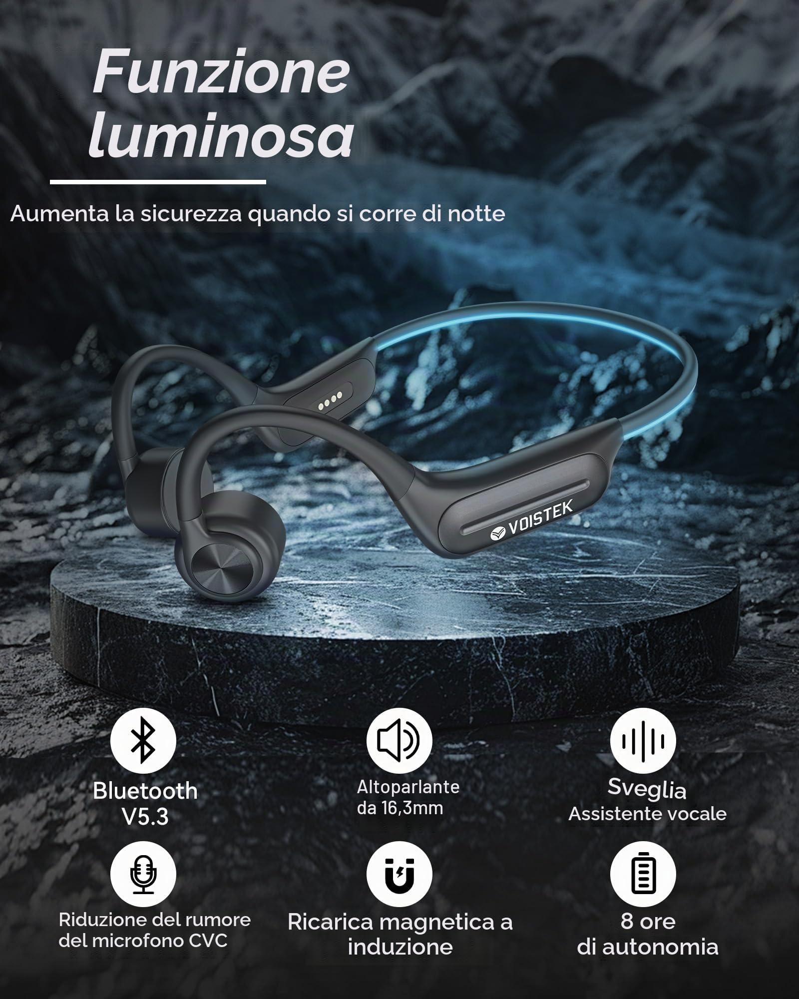 Voistek Cuffie Conduzione Ossea, IP68 Impermeabili Subacquee per Piscina e Nuoto, Bluetooth 5.4 con Lettore MP3 Built-in 32G Memoria, Auricolari Sportive per Surf, Corsa, Ciclismo