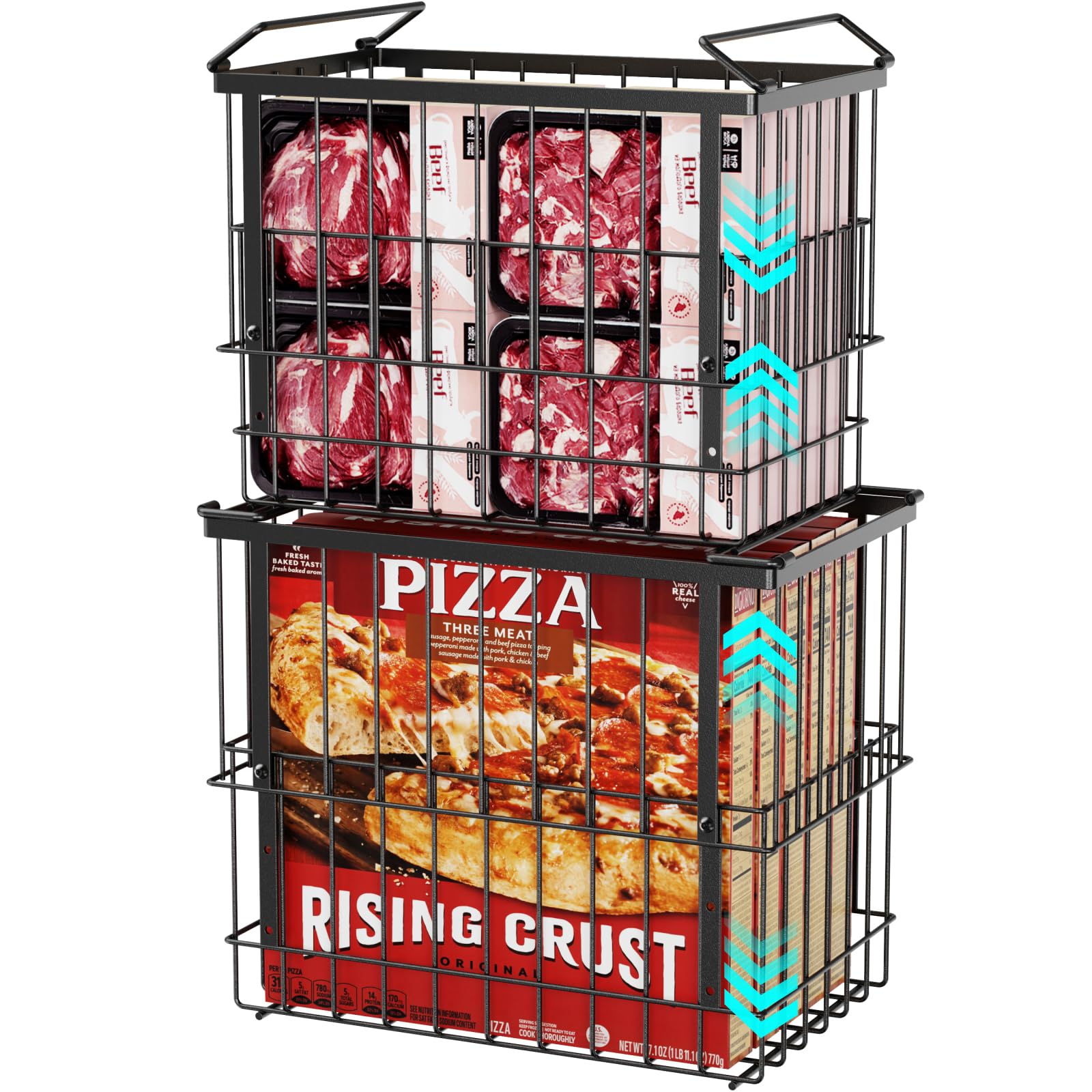 iSPECLE Freezer Baskets for Chest Freezers, 2 Pack Fits 12" Pizza Adjustable for 5 to 7 Cu.Ft Chest Freezer, Stackable Wire Baskets with Handles, Heavy Duty Storage for Bulk Meat & Frozen Food, Black