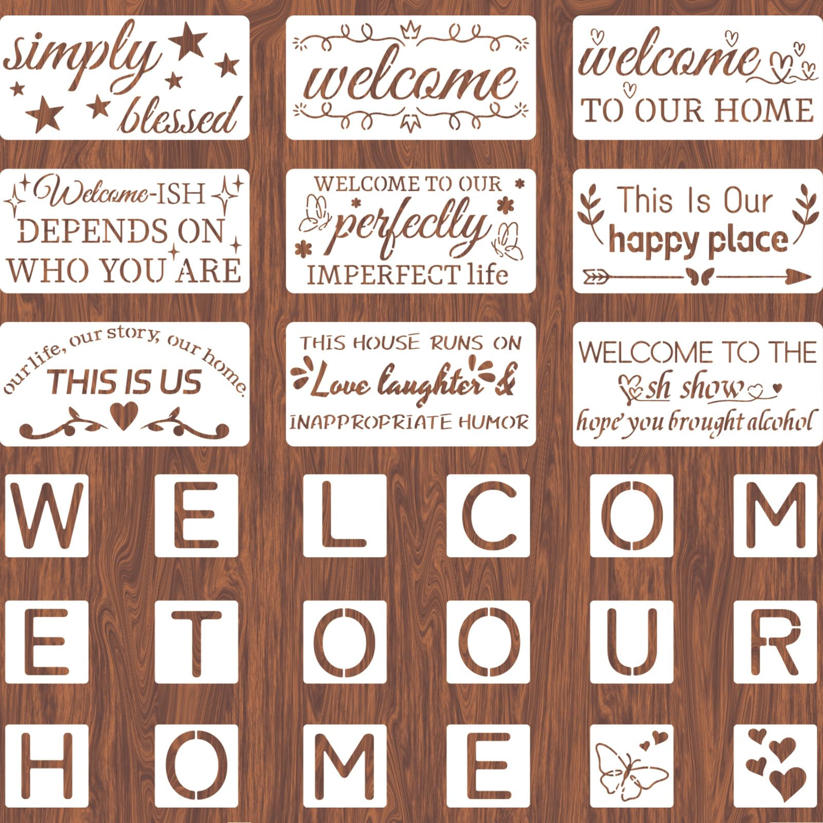INFUNLY 27 Pcs Welcome Stencil for Painting Reusable Wall Stencils Welcome Sign Stencil Templates DIY Letters Painting Stencils for DIY Craft Wood Porch Bedroom Home Decor