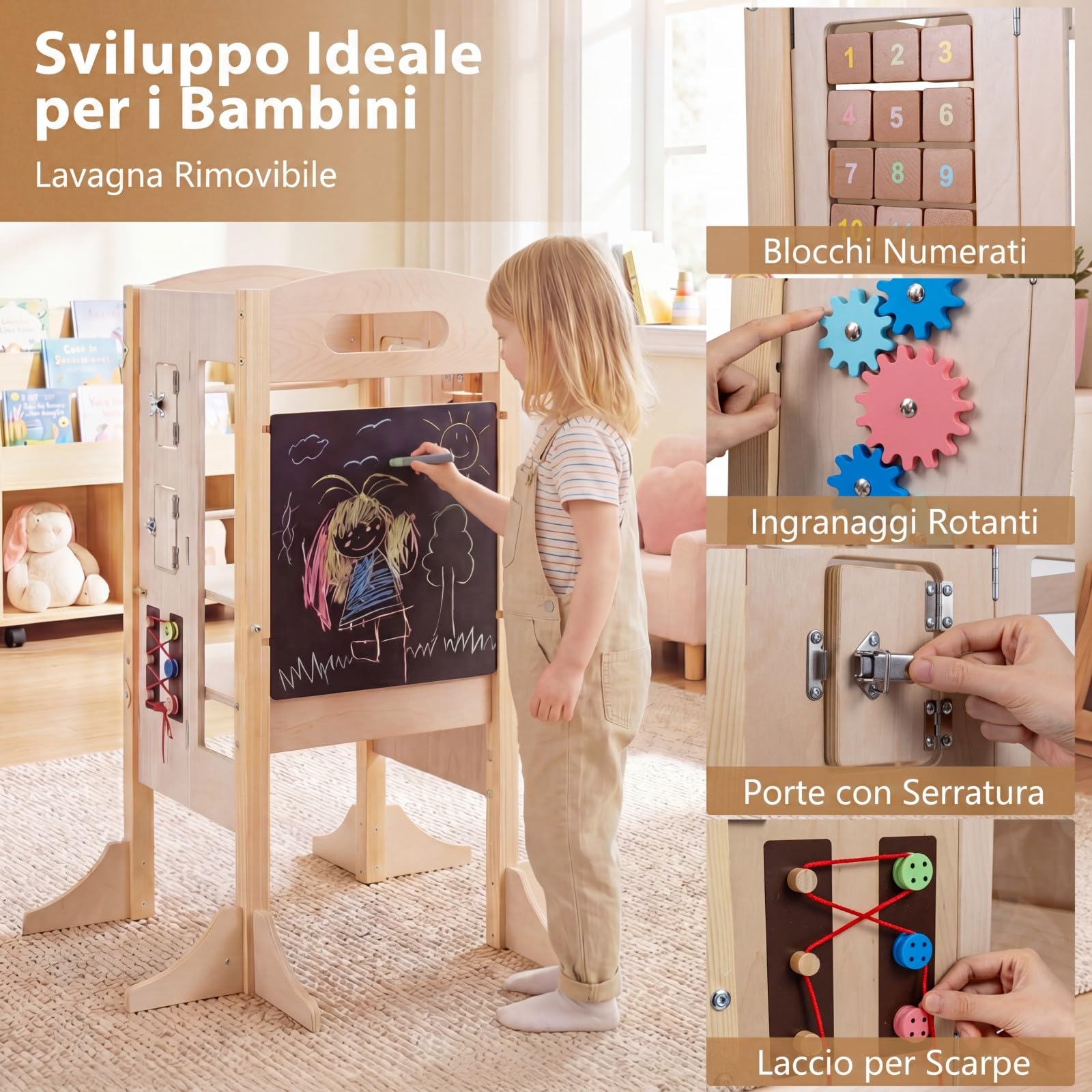COSTWAY Torre Montessoriana Bambini, Torre di Apprendimento Pieghevole 3 in 1 con Altezza Regolabile, Lavagna Rimovibile e Pannello Educativo per Bambini 3+ Anni, 83,5 x 73 x 93 cm