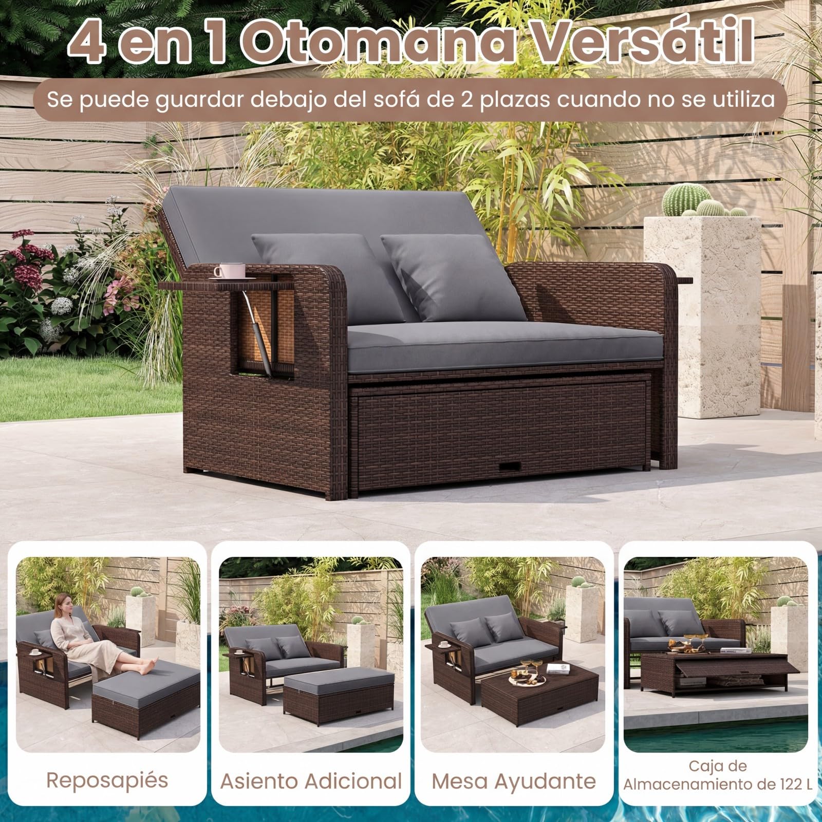COSTWAY 4 en 1 Tumbona de Ratán para Patio, Sofa Exterior de Ratán con Respaldo Ajustable y Mesas Auxiliares Plegables, Conjunto de Sofá de 2 Piezas y Otomana con Almacenamiento (Marrón+Gris)