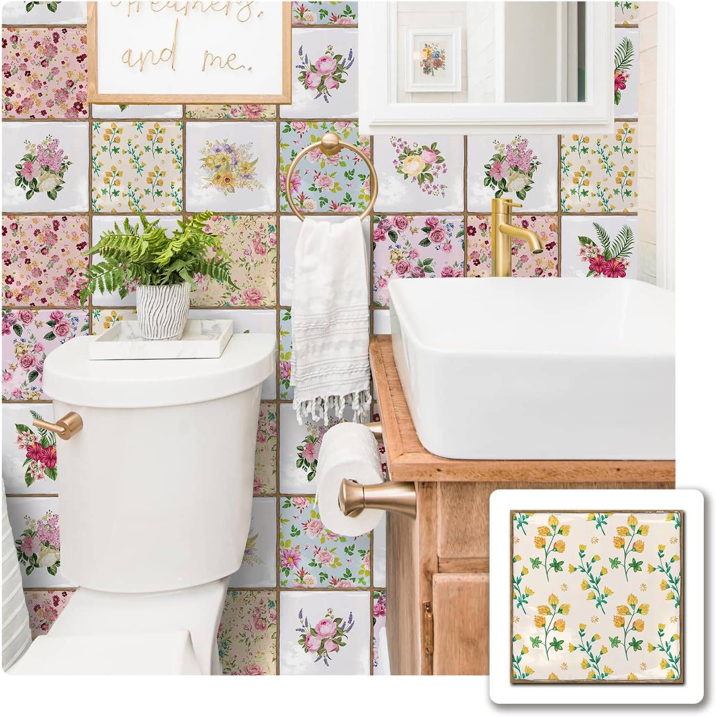 Alwayspon Vinyl Sticker Peel and Stick, Self-Adhesive Wall Tile Transfers Backsplash Sticker Decal for Kitchen Bathroom, 6x6inch/15x15cm 30Pcs, Floral Painting T038