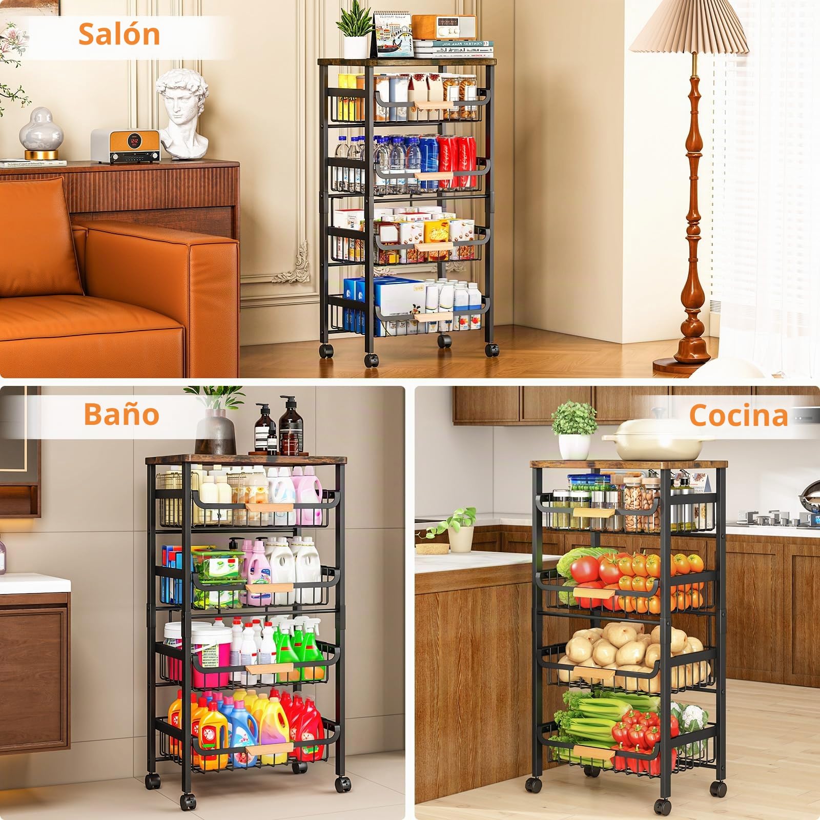 Carrito de Cocina 5 Niveles con Tabla y Ruedas con Bloqueo | Estante Móvil para Verduras y Provisiones, con Ruedas Giratorias Carrito de Servicio Móvil para Cocina, Despensa