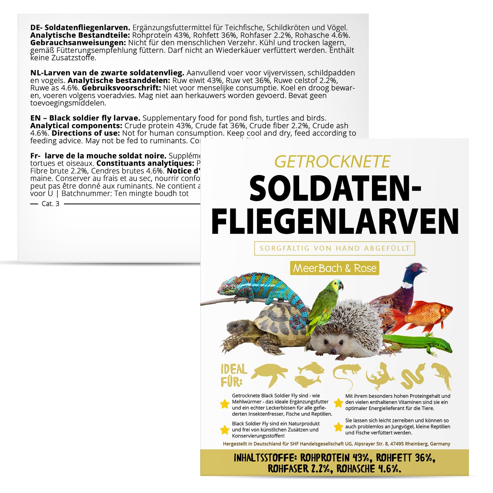 Larves de mouches soldats séchées - Black Soldier Fly - 1 kg (équivalent à 6,5 l) Aliment en sachet, collation riche en protéines pour oiseaux sauvages, poissons, reptiles, tortues et hérissons