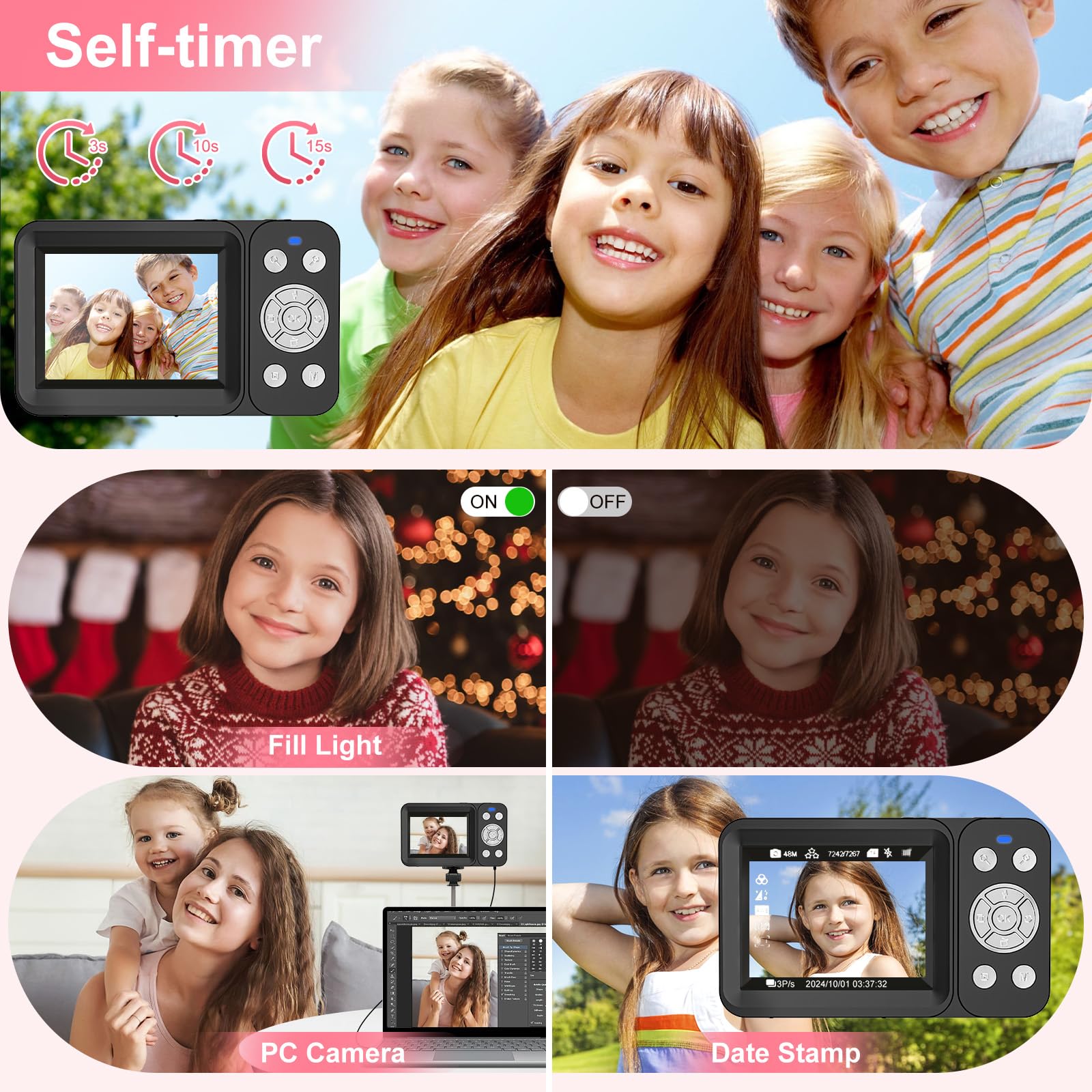 Fotocamera digitale, 4K 64MP, zoom 18x, fotocamera digitale punta e scatta con scheda TF da 64 GB e 2 batterie, piccola fotocamera ricaricabile portatile per bambini, adolescenti e adulti, nera