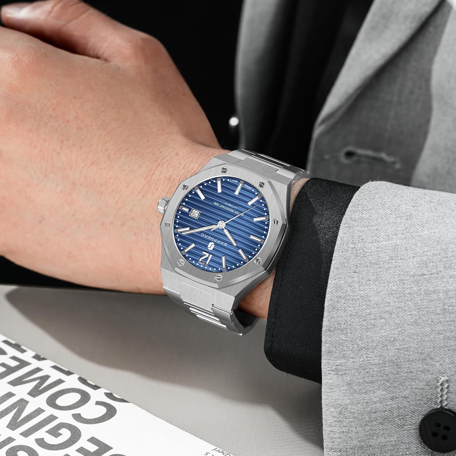 SAPPHERO Mens Watches 50M Waterproof, Men's Mechanical Automatic Watch, Modern Stylish Business Stainless Steel Strap Watch for Men with Date Elegant Mens Gift - Image 3