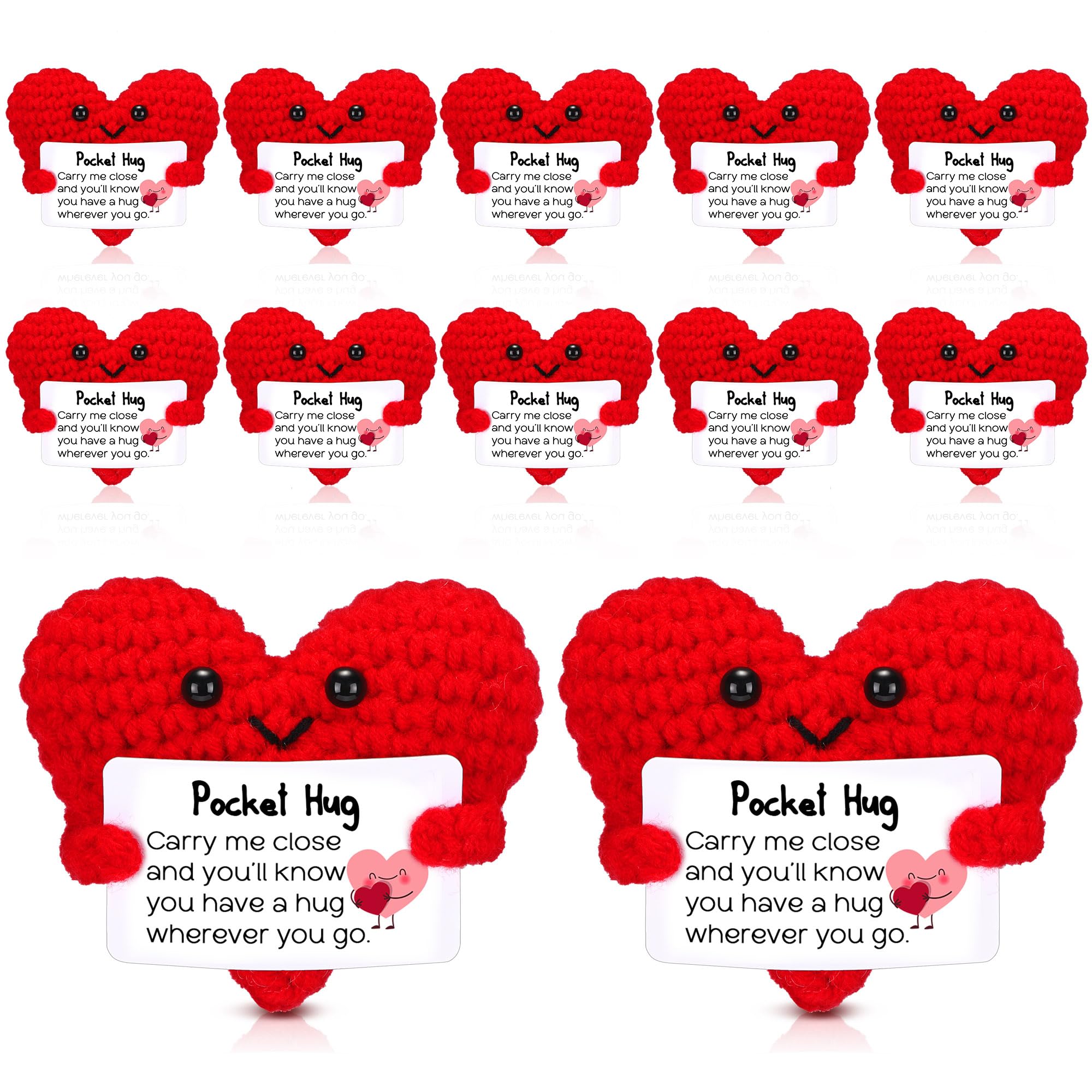 HyDren 12 Pcs Crochet Pocket Hug Heart Gifts with Inspirational Cards Handmade Heart Plush Bulk for Teacher Appreciation Graduation Friendship Encouragement Support Gifts