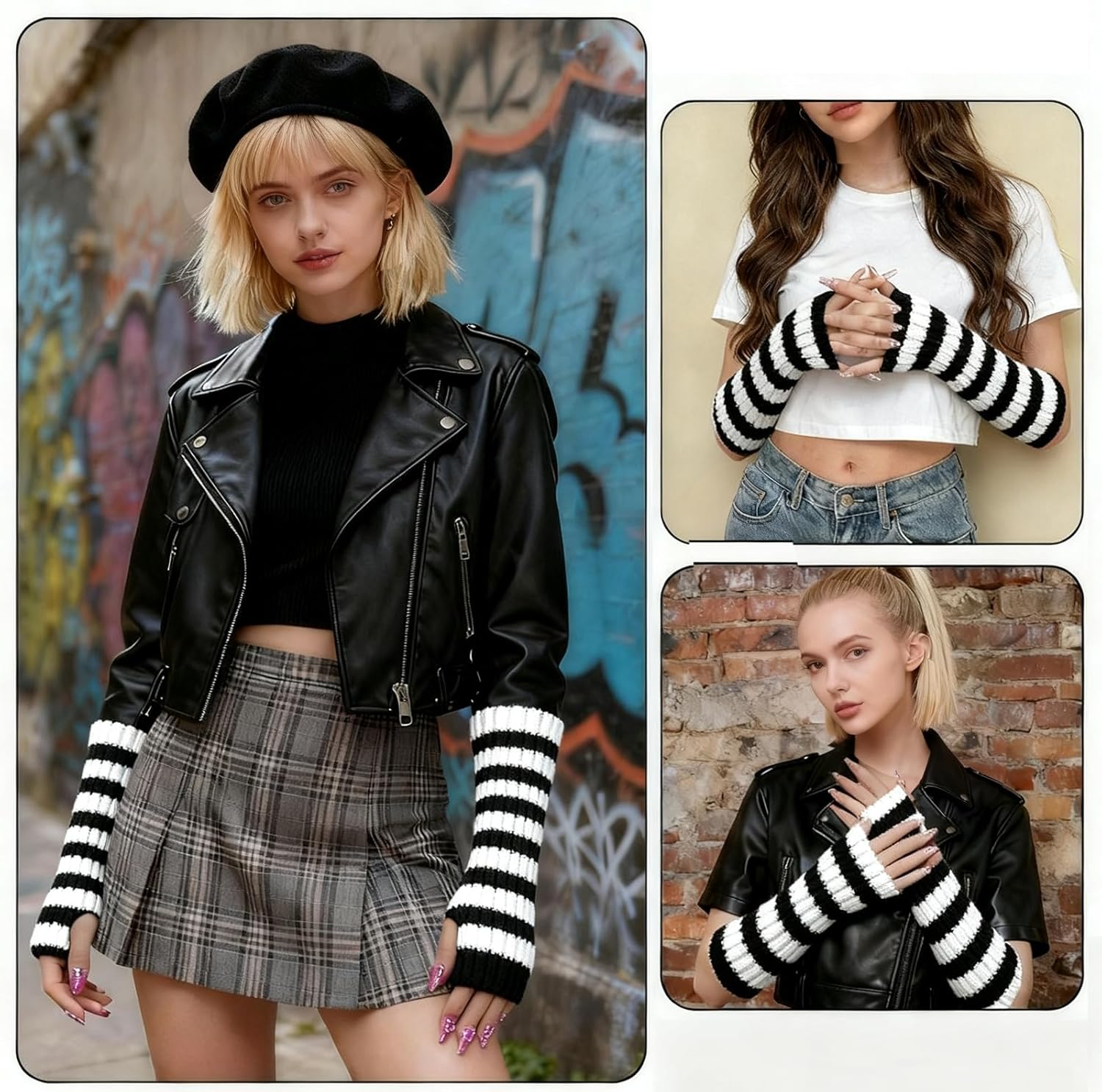 Y2k Cat Beanie With Kawaii Leg Cover Accessories,Striped Beanie Cat Ears Hat Arm and Leg Warmers of Y2k Accessories