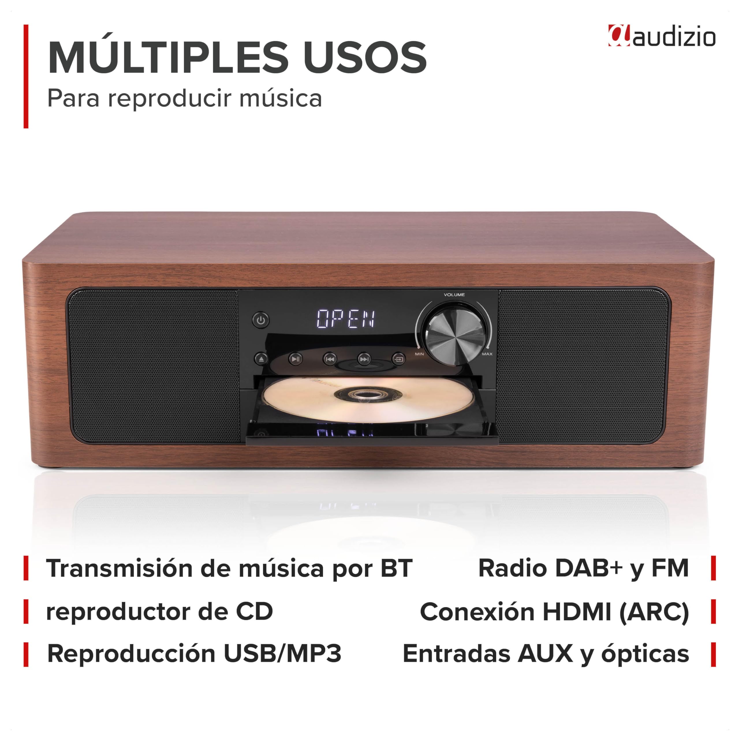 Audizio Lunata – Radio Dab+ y FM con Reproductor de CD, Bluetooth 5.3 y Potencia de 100W, Sistema Multimedia con HDMI ARC, USB y Altavoces estéreo, Acabado en Madera Oscura