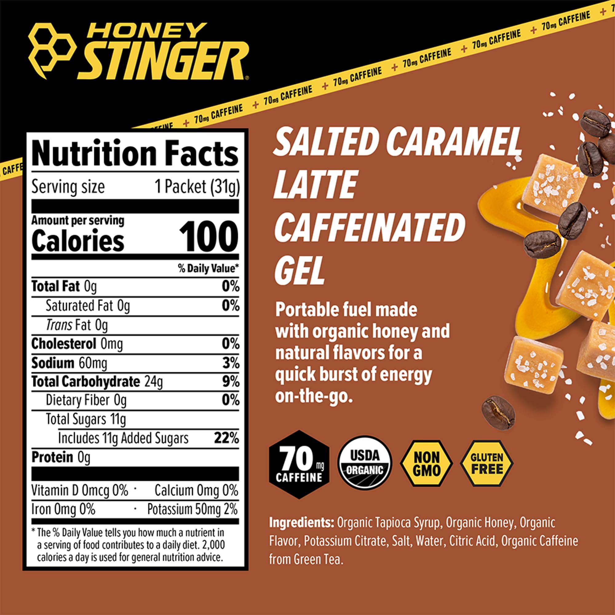 Honey Stinger Organic Salted Caramel Energy Gel, Caffeinated & Gluten Free, for Exercise, Running and Performance, Sports Nutrition for Home & Gym, Pre and Mid Workout, 12 Pack, 13.2 Ounce — Amazon image 3