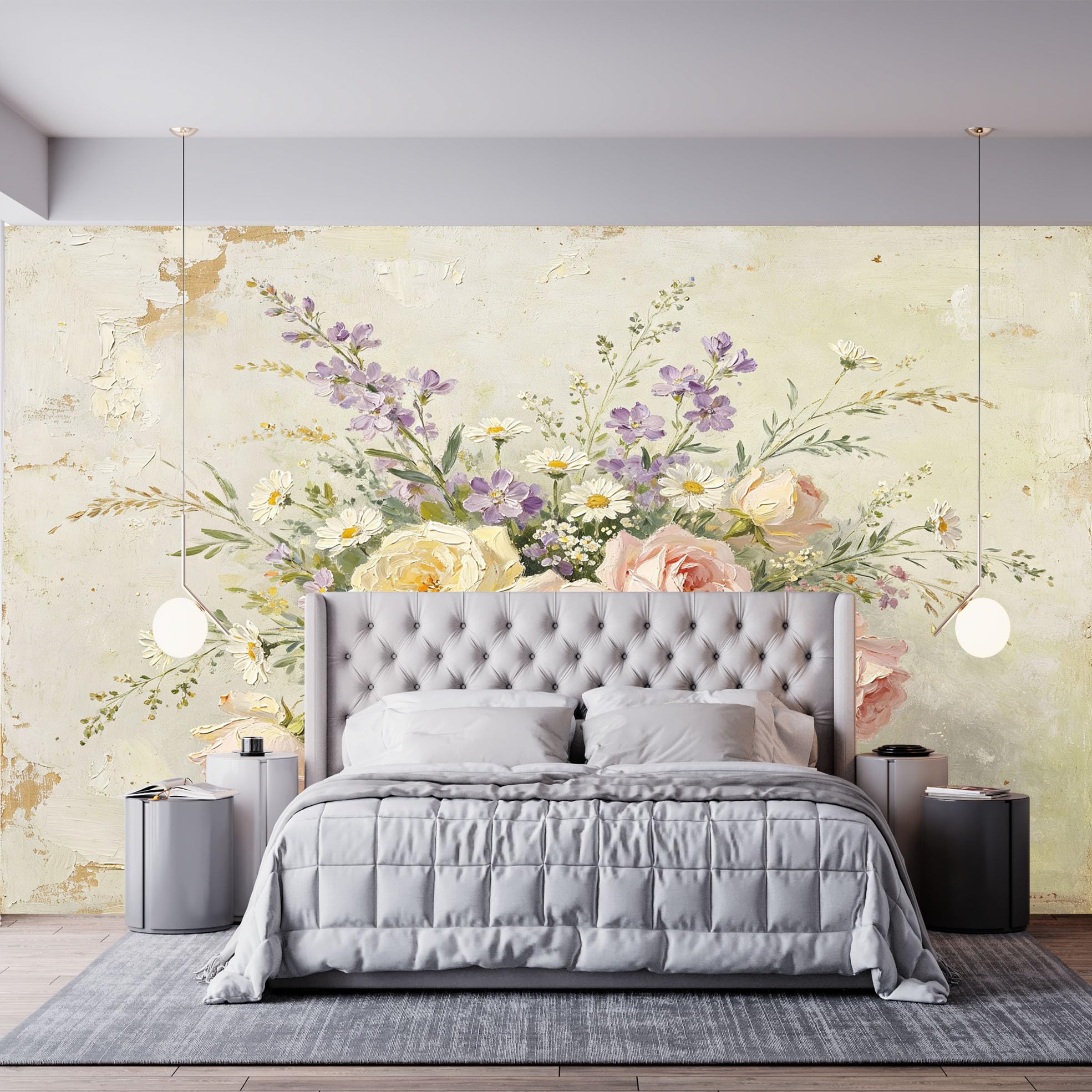 Bukiet kwiatów w stylu vintage, obraz ścienny, botaniczne kwiaty, tapeta z włókniny, elegancki francuski dom wiejski, okładzina ścienna, 371 x 280 cm, kremowy, beżowy, akcentująca dekoracja ścienna do