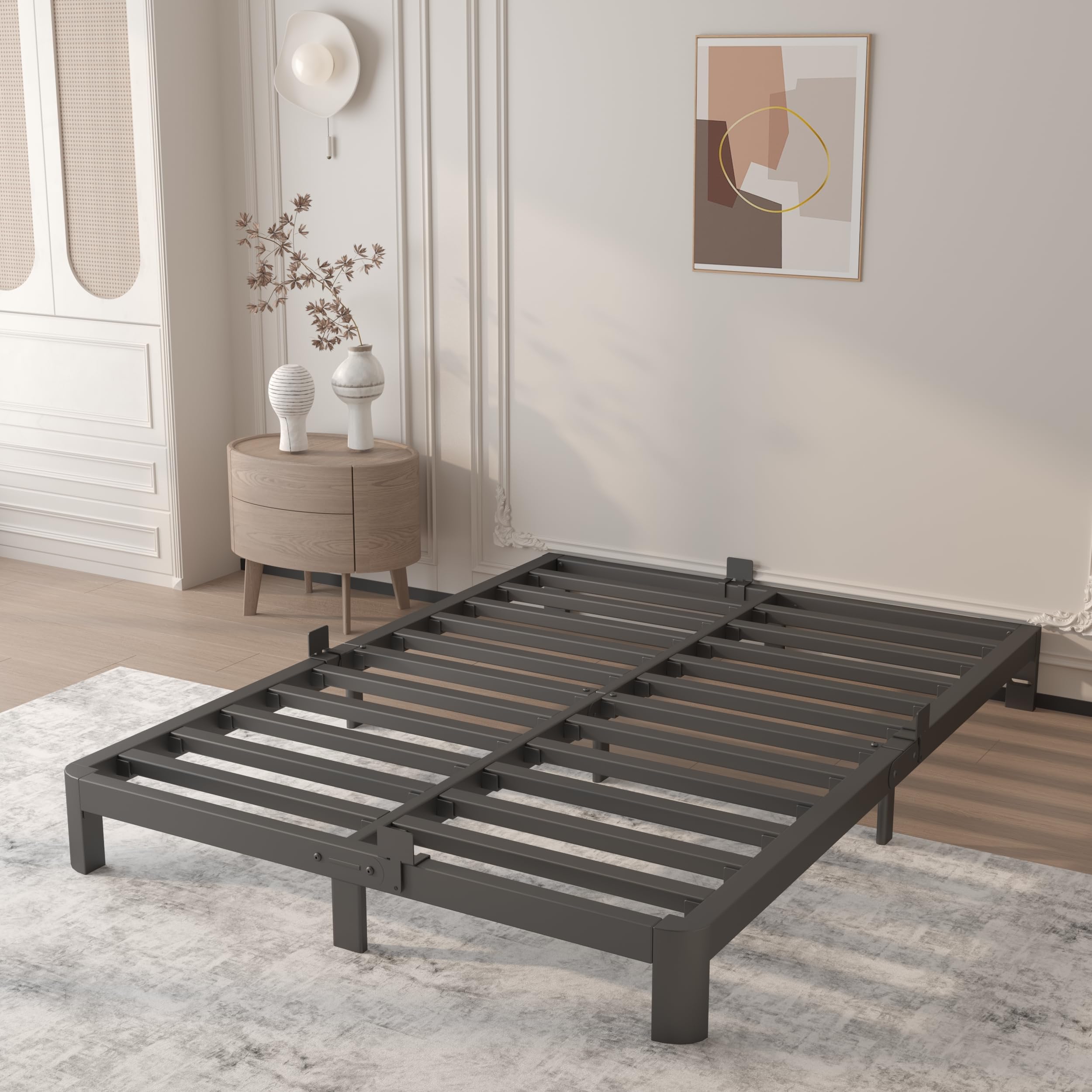 6 inch black queen bed frame with metal gaskets, anti-slip mattress stopper, no box spring needed, heavy duty steel slat support, diy headboard, round corner leg, easy assembly