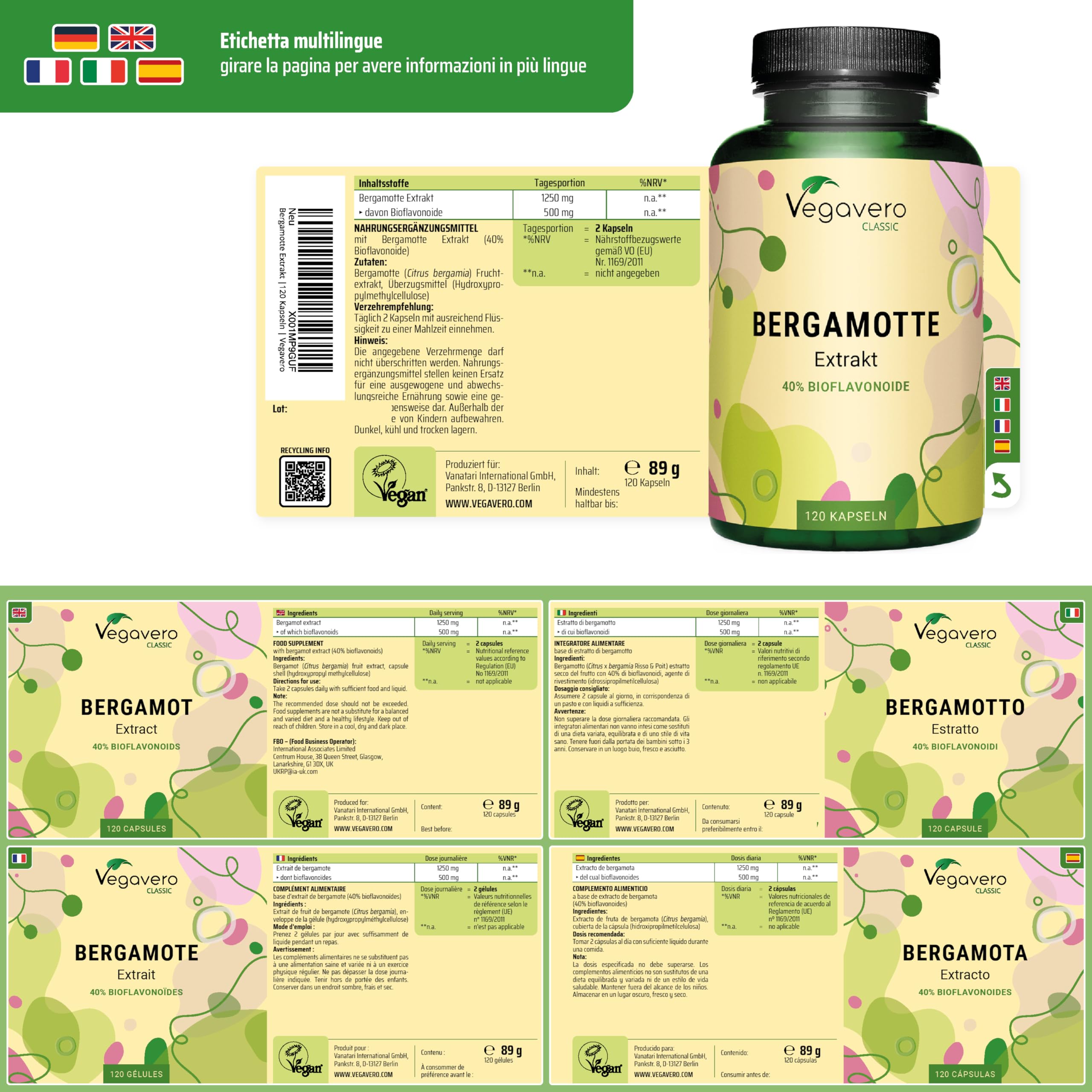 BERGAMOTTO Vegavero® | 1250 mg (15:1) | l’unico con 40% di Bioflavonoidi | Integratore per la Salute Cardiovascolare | Citrus Bergamia | 120 Capsule | Vegan