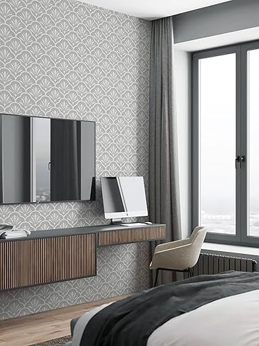 Miniatura 2 de Guvana Papel tapiz autoadhesivo de 17.32 x 197 pulgadas, papel de contacto gris y blanco, papel de contacto geométrico extraíble, papel tapiz