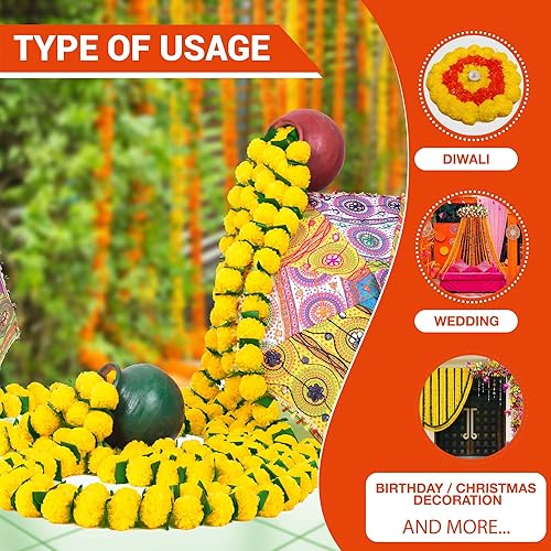 Vista 50 de Guirnalda de caléndula para decoración, 5 piezas de 5 pies de largo, flores artificiales de caléndula de caléndula, decoración india para Pooja