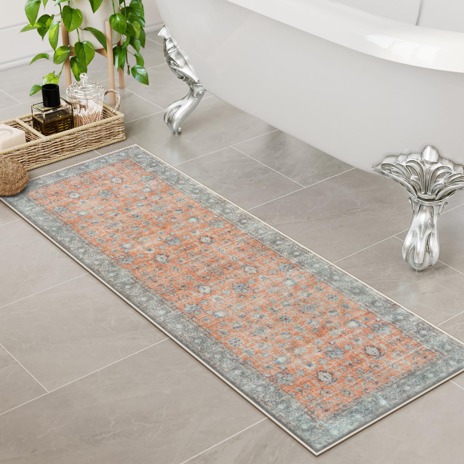 Uphome Boho Bathroom Runner Rug Mat 18x47, Non-Slip Soft Shaggy and Comfortable Large Size Microfiber Vintage Farmhouse Bath Rug, Super Absorbent and