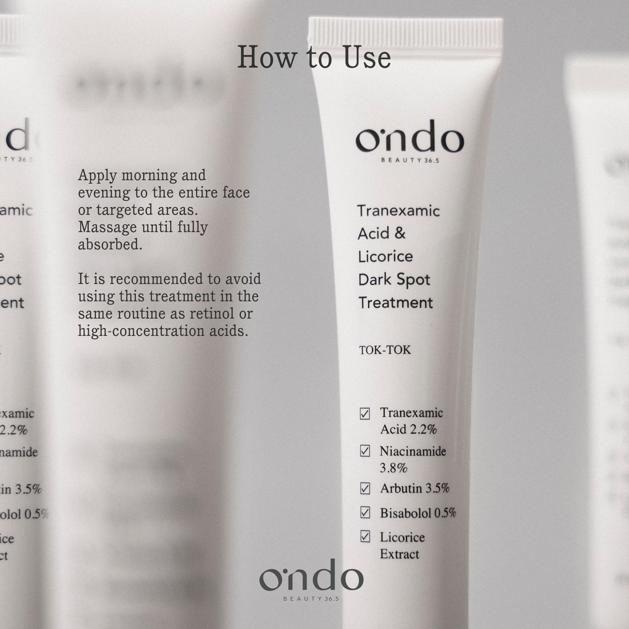 Ondo Beauty 36.5 TRANEXAMIC ACID & LICORICE DARK SPOT TREATMENT, Wegański krem z kwasem traneksamowym i niacynamidem, zabieg na plamy na twarzy, przebarwienia, jednolity odcień skóry, 30 ml