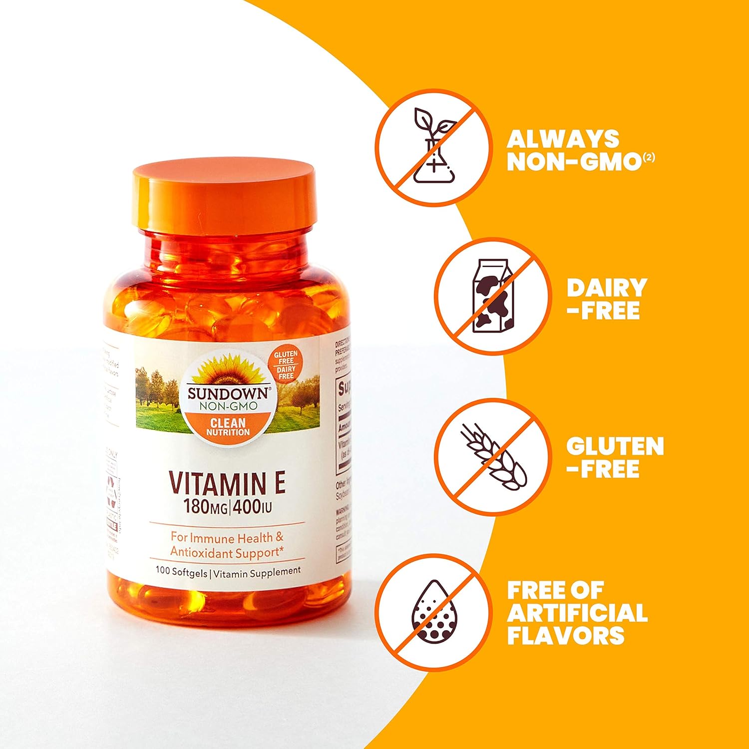 Sundown Vitamin E for Immune Support, Gluten-Free, Dairy-Free, Non-GMO, 180mg 400IU Softgels, 100 Count, 3 Month Supply : Health & Household