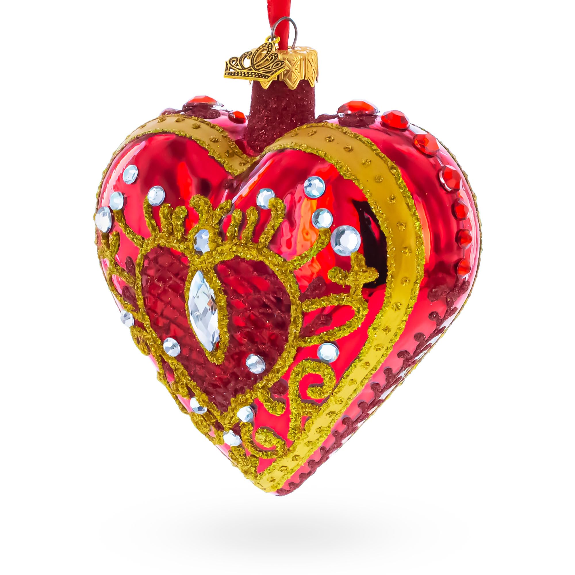 Adorno de corazón de cristal rojo con joyas